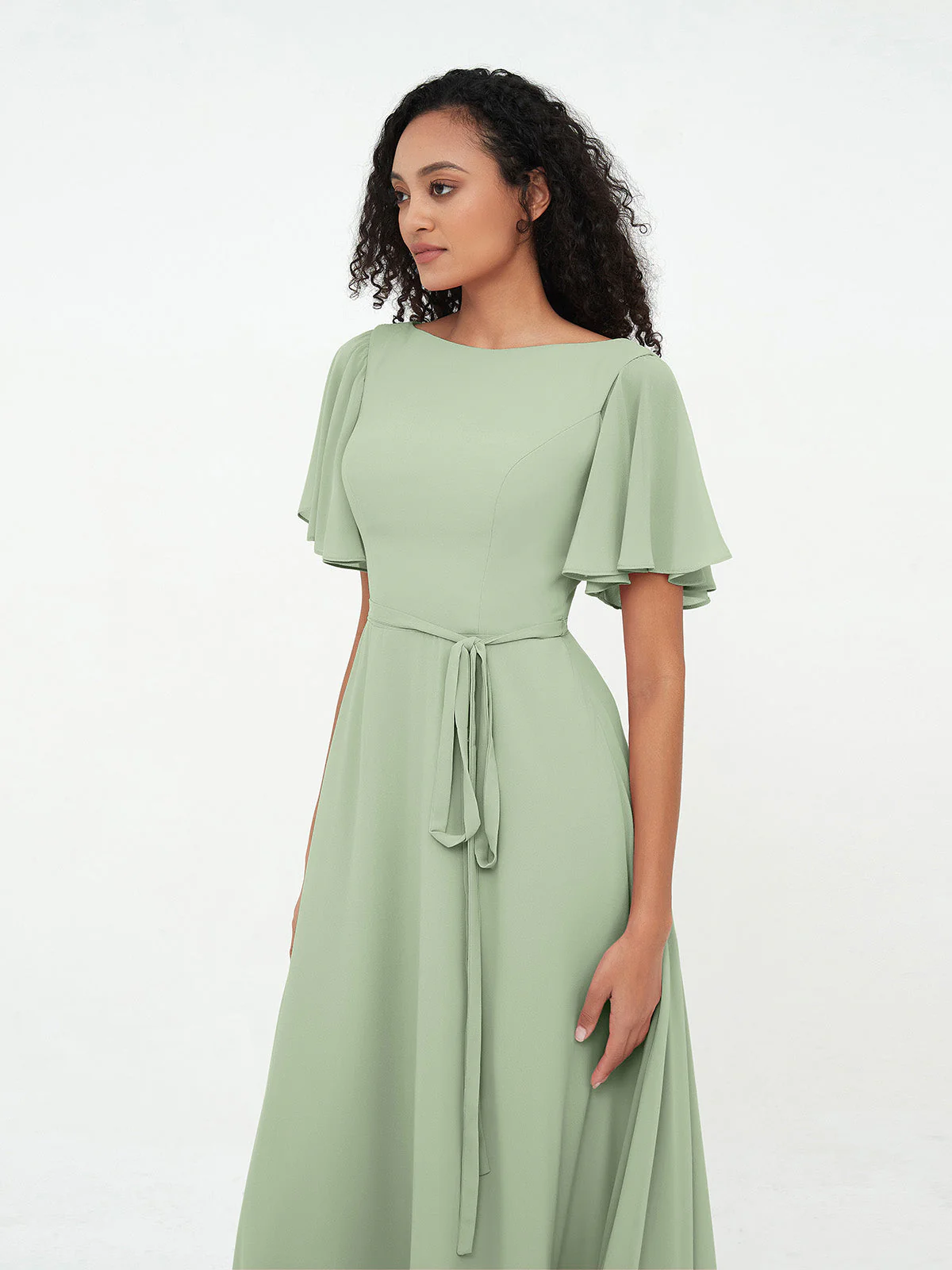 Flatter Ärmeln Chiffon Maxi Kleider mit Schleife Sale - Image 5