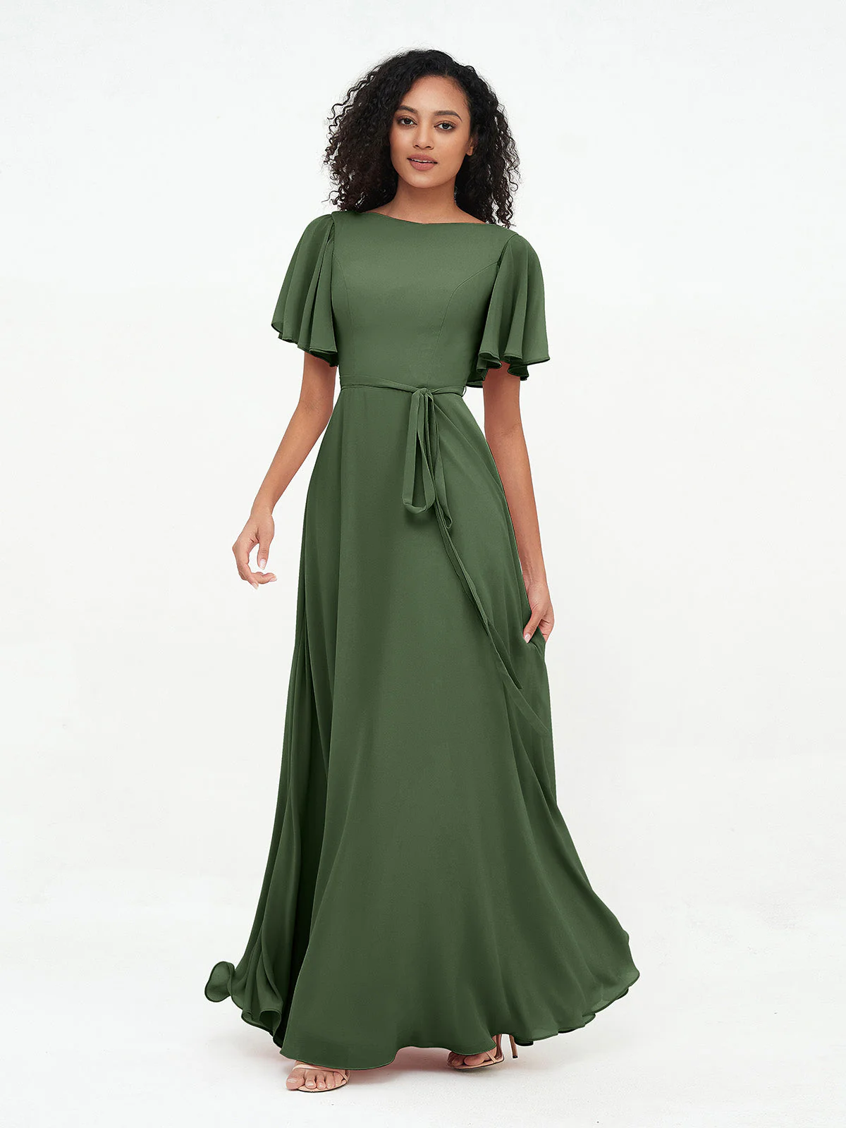Flatter Ärmeln Chiffon Maxi Kleider mit Schleife Sale - Image 6