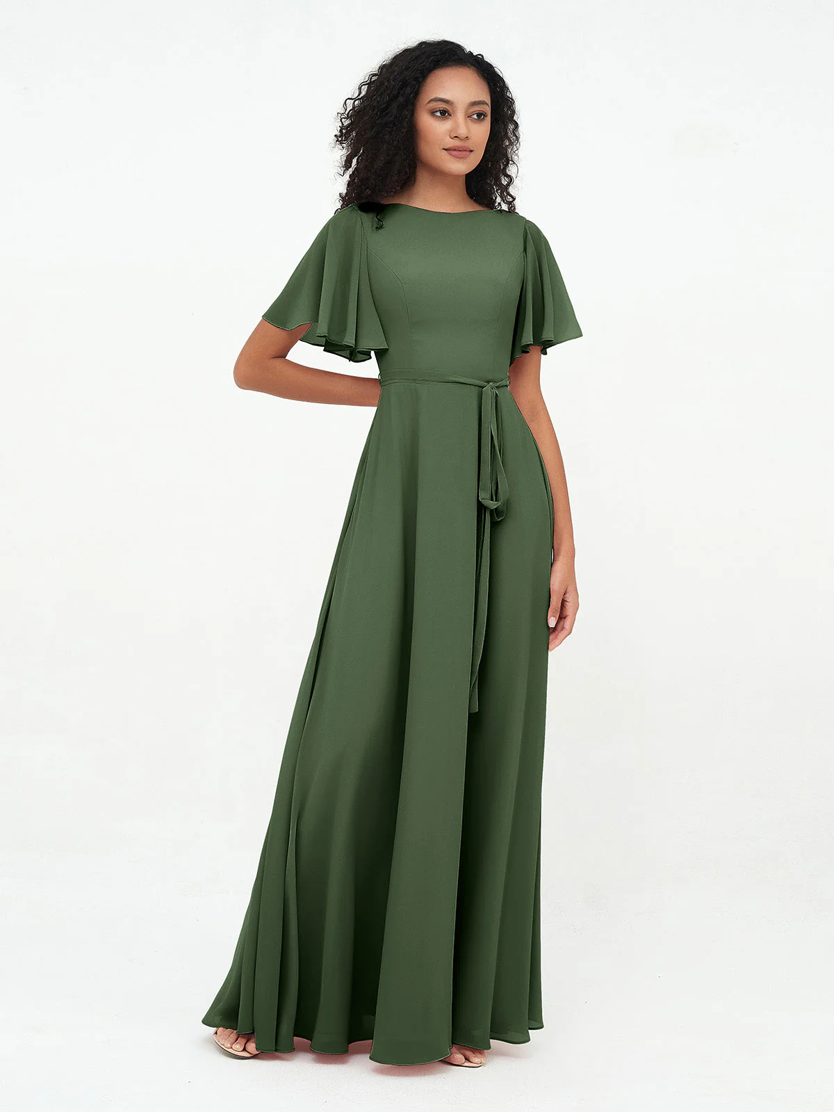 Flatter Ärmeln Chiffon Maxi Kleider mit Schleife Sale - Image 9