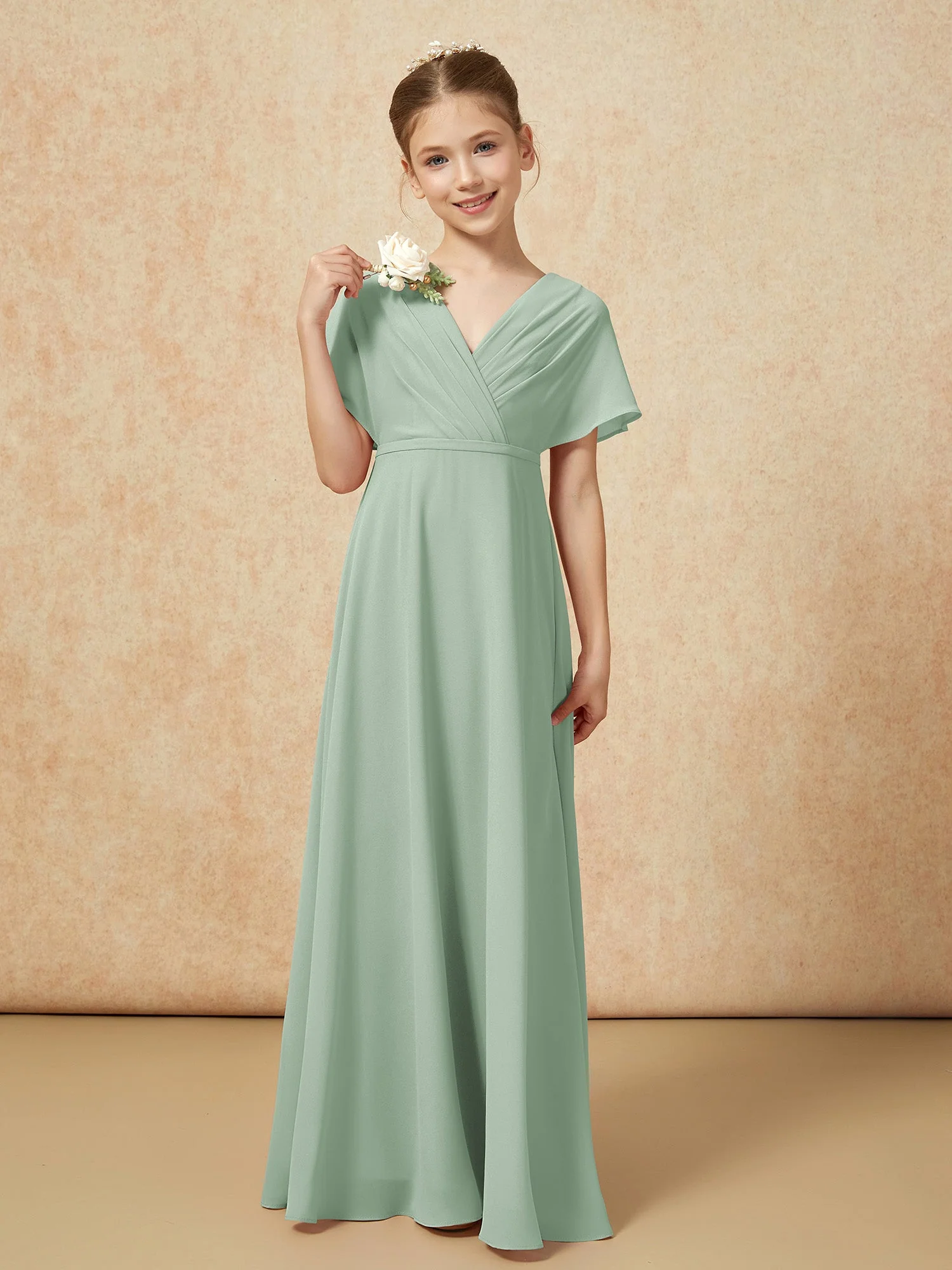 Flatterärmel A-Linie Chiffon Junge Brautjungfernkleider Agavengrün