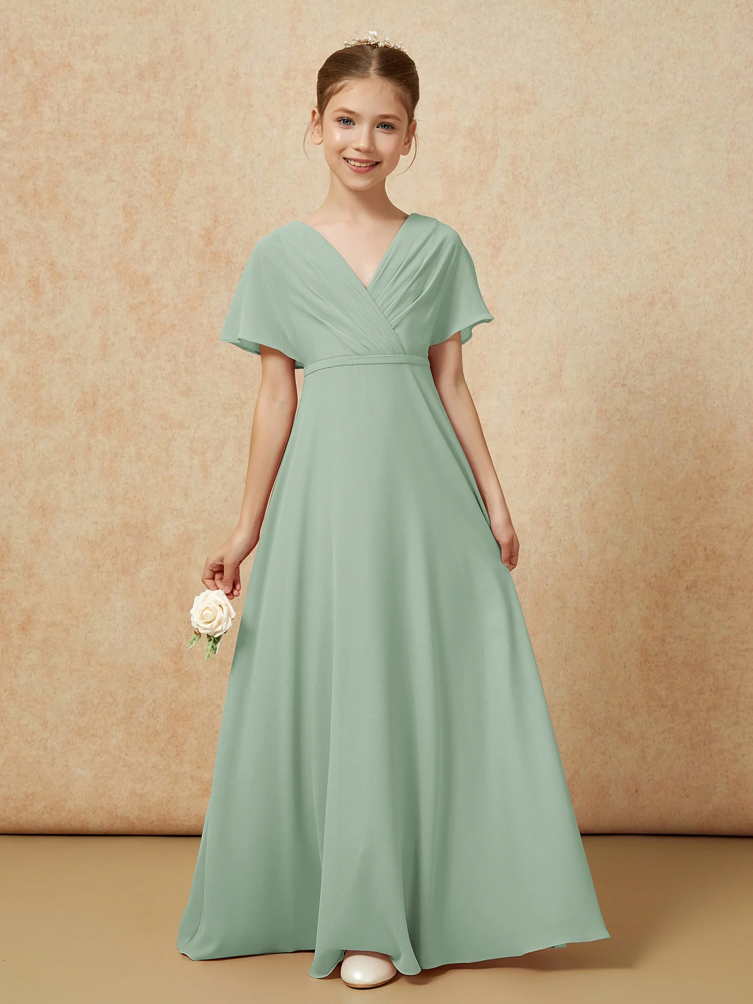 Flatterärmel A-Linie Chiffon Junge Brautjungfernkleider Agavengrün - Image 5