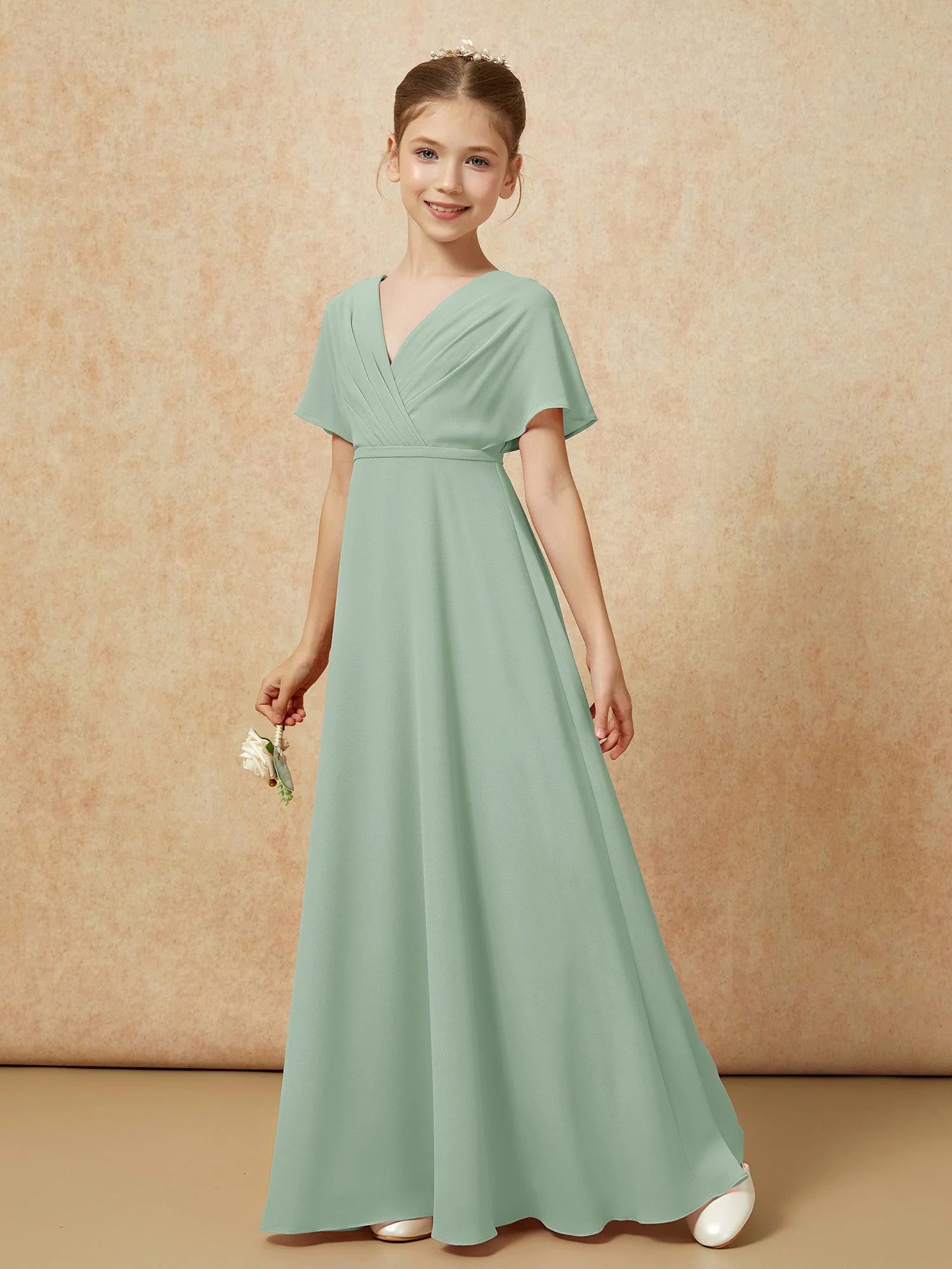 Flatterärmel A-Linie Chiffon Junge Brautjungfernkleider Agavengrün - Image 6