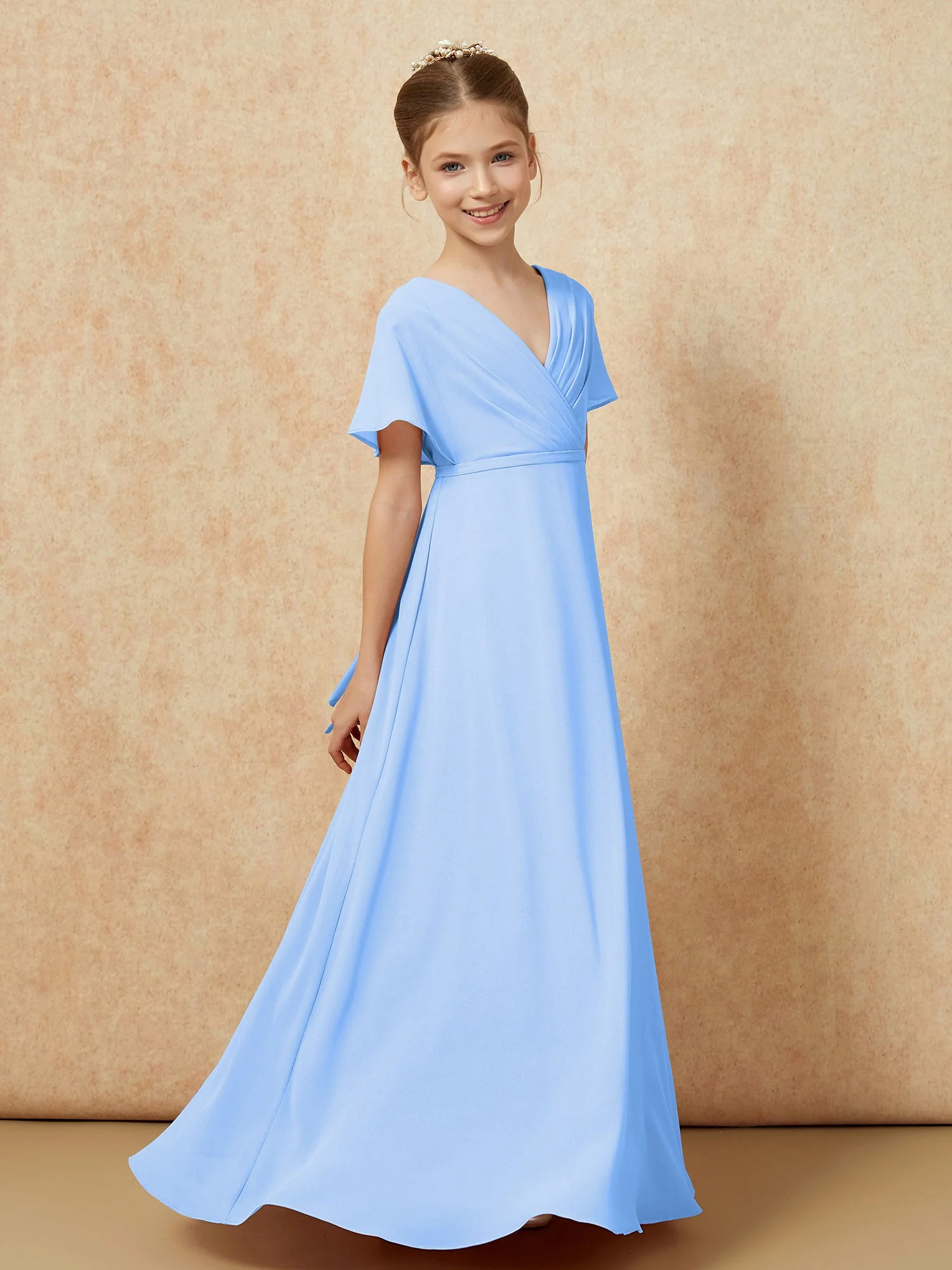 Flatterärmel A-Linie Chiffon Junge Brautjungfernkleider Blau - Image 3