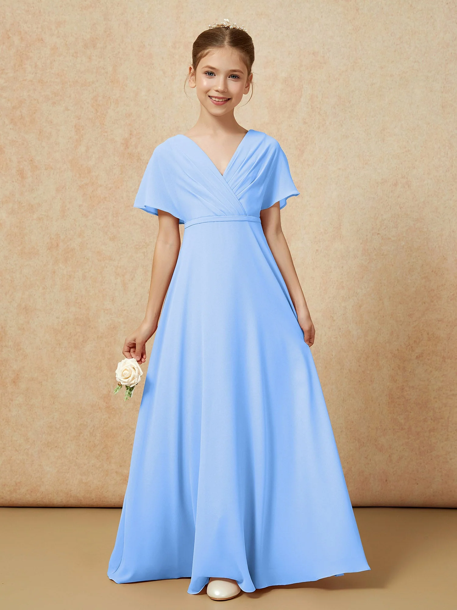 Flatterärmel A-Linie Chiffon Junge Brautjungfernkleider Blau - Image 5