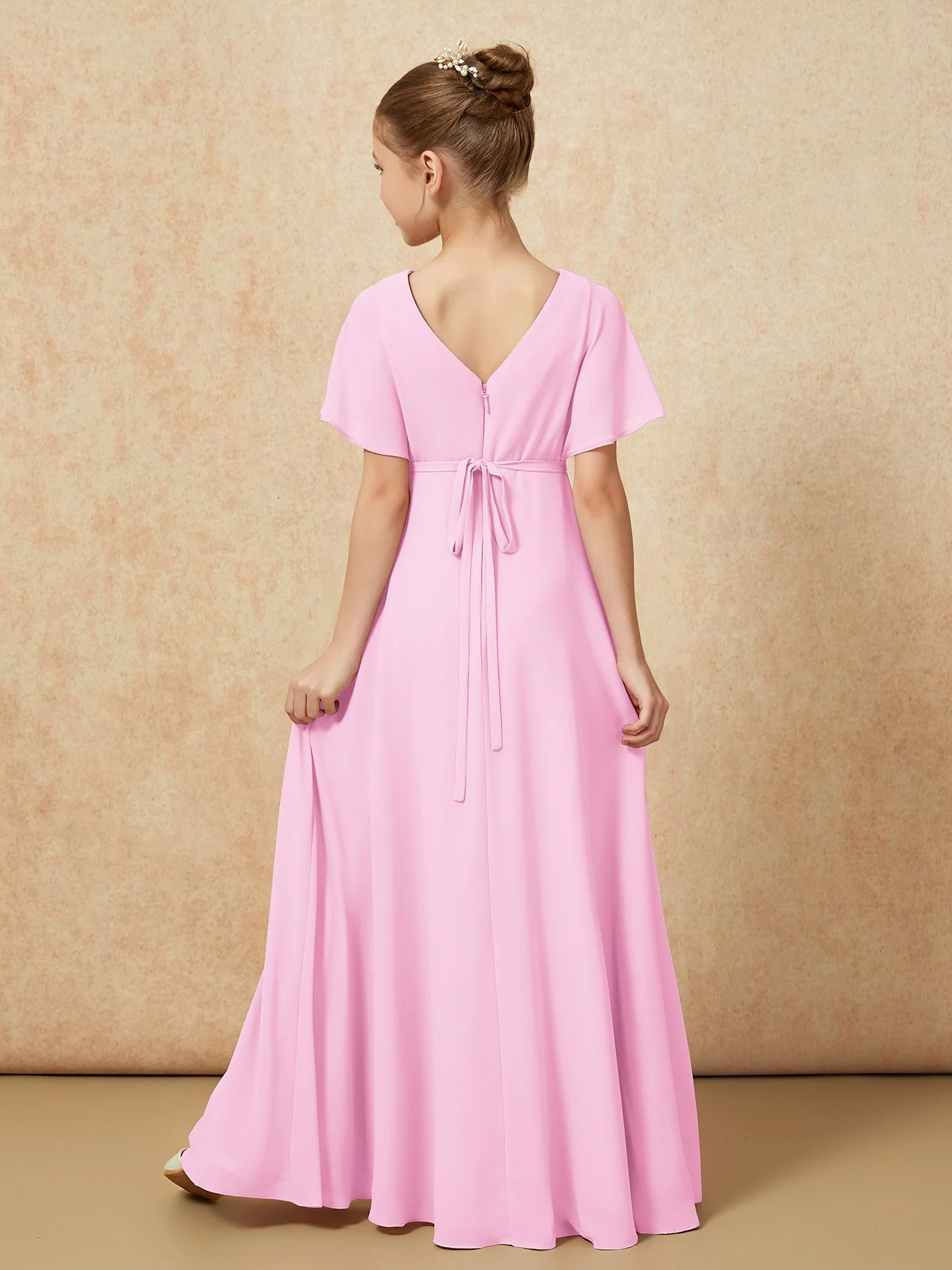 FlatterÀrmel A-Linie Chiffon Junge Brautjungfernkleider Bonbonrosa - Image 2
