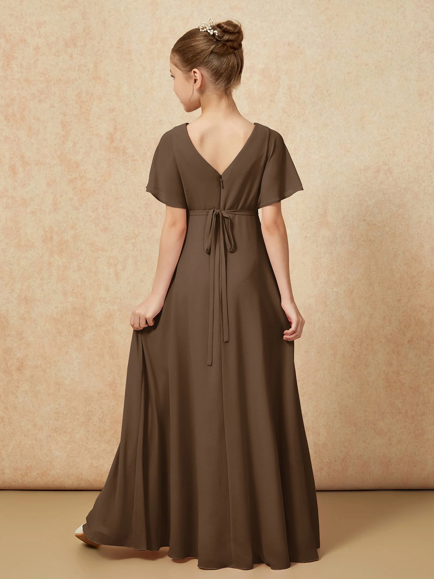 Flatterärmel A-Linie Chiffon Junge Brautjungfernkleider Braun - Image 2