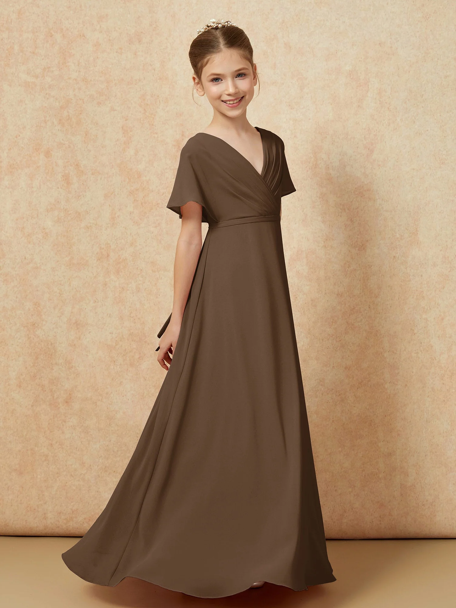 Flatterärmel A-Linie Chiffon Junge Brautjungfernkleider Braun - Image 3