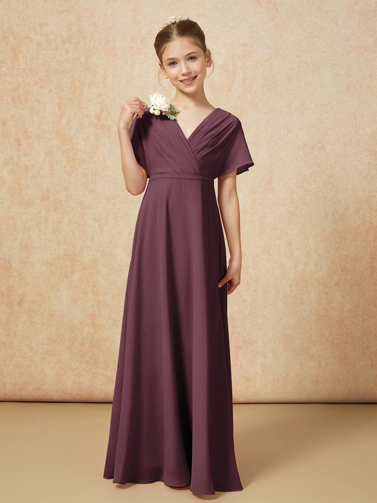 Flatterärmel A-Linie Chiffon Junge Brautjungfernkleider Cabernet