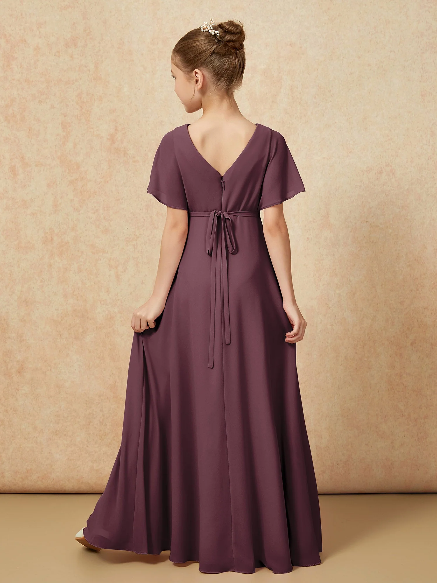 Flatterärmel A-Linie Chiffon Junge Brautjungfernkleider Cabernet - Image 2