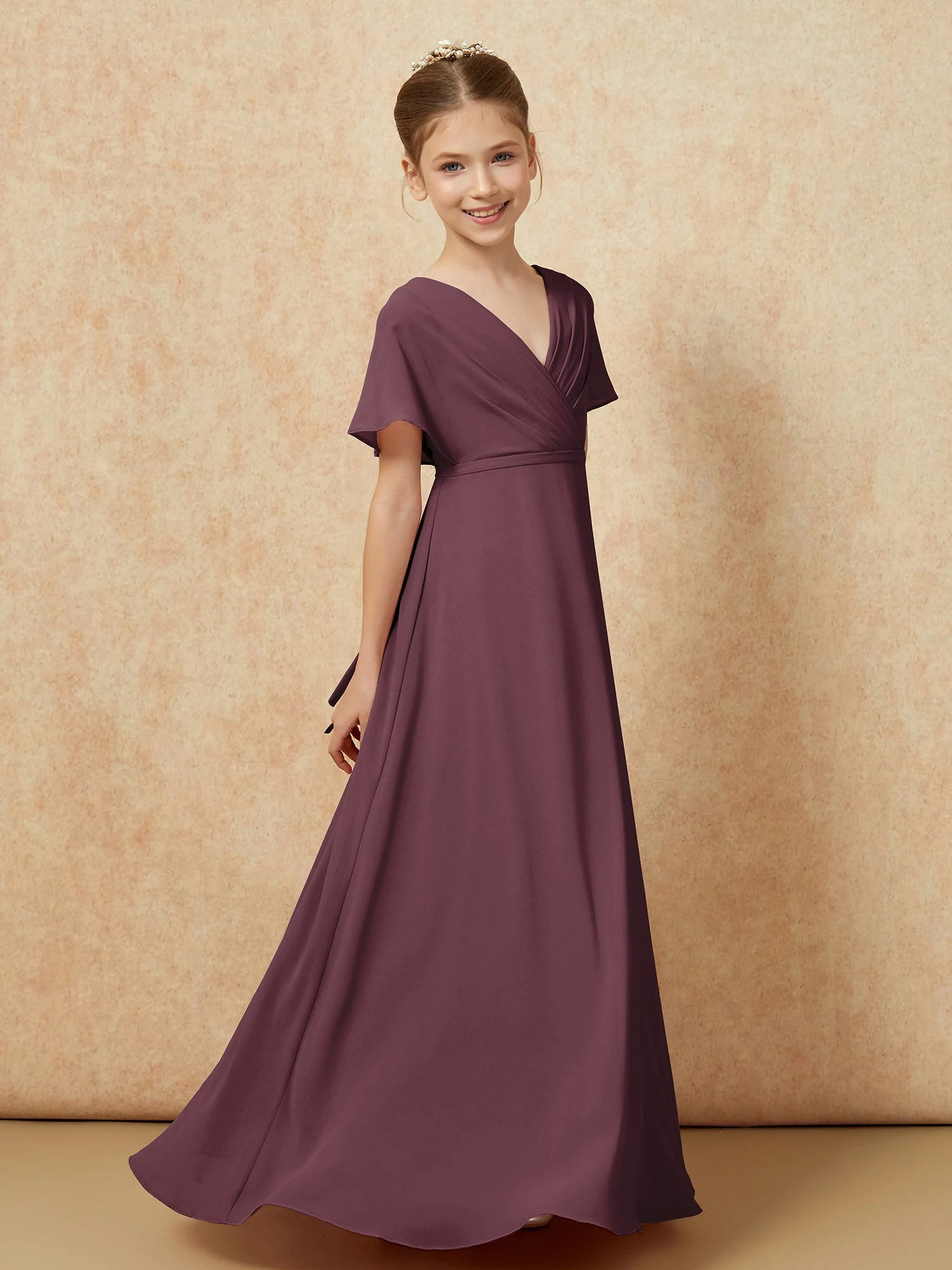 Flatterärmel A-Linie Chiffon Junge Brautjungfernkleider Cabernet - Image 3