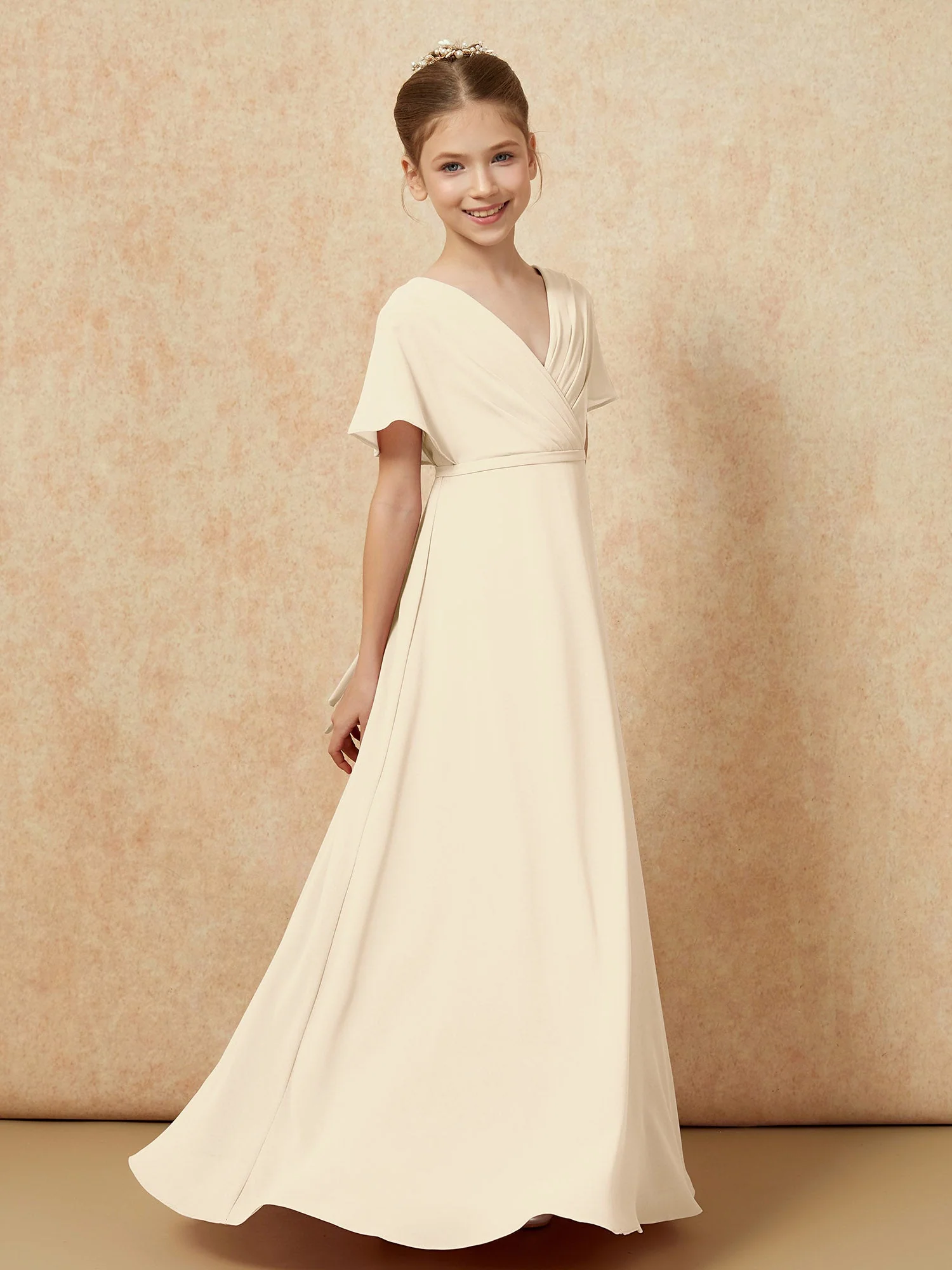 Flatterärmel A-Linie Chiffon Junge Brautjungfernkleider Champagner - Image 3