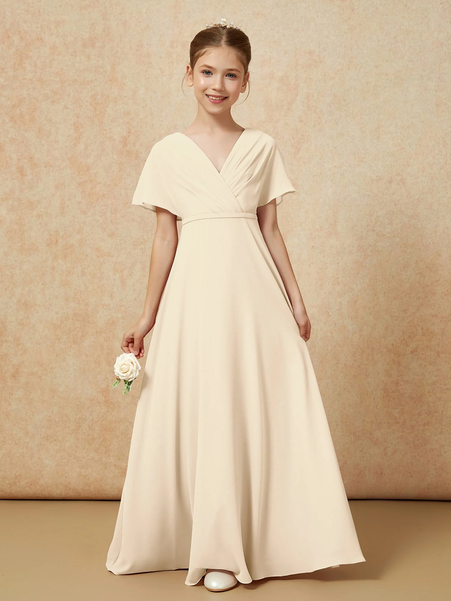 Flatterärmel A-Linie Chiffon Junge Brautjungfernkleider Champagner - Image 5
