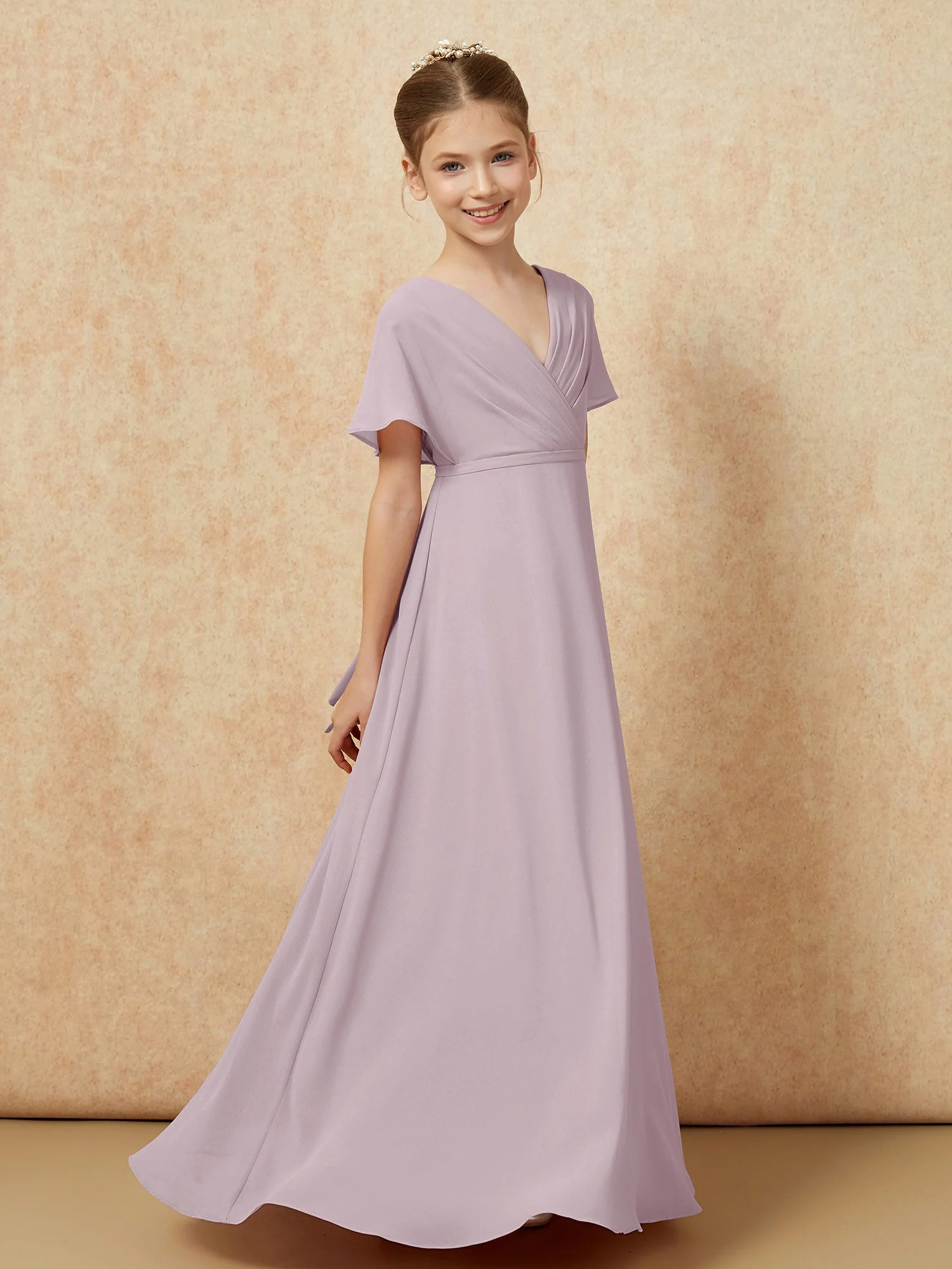 Flatterärmel A-Linie Chiffon Junge Brautjungfernkleider Dämmerung - Image 3