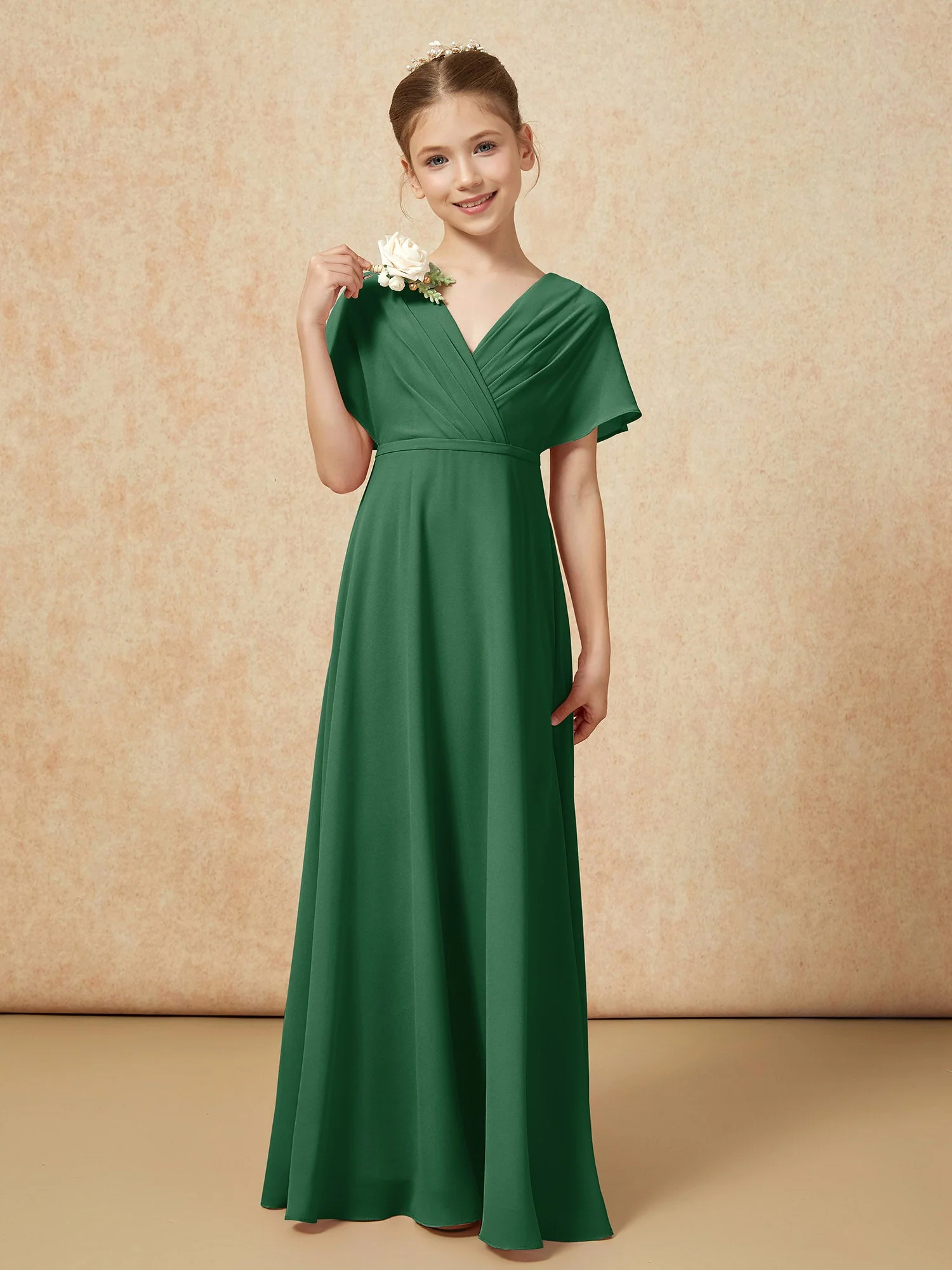 Flatterärmel A-Linie Chiffon Junge Brautjungfernkleider Dunkelgrün