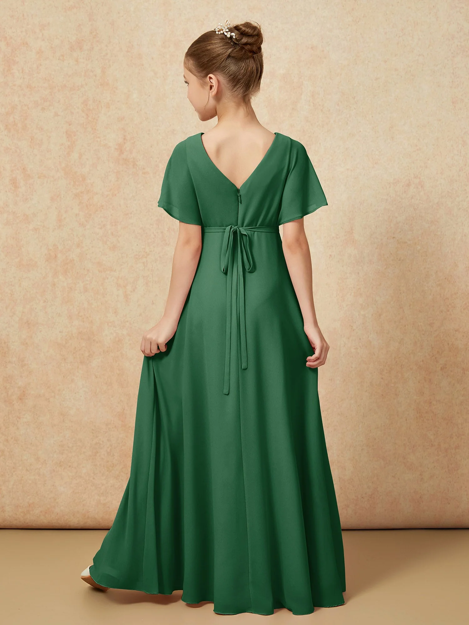 Flatterärmel A-Linie Chiffon Junge Brautjungfernkleider Dunkelgrün - Image 2