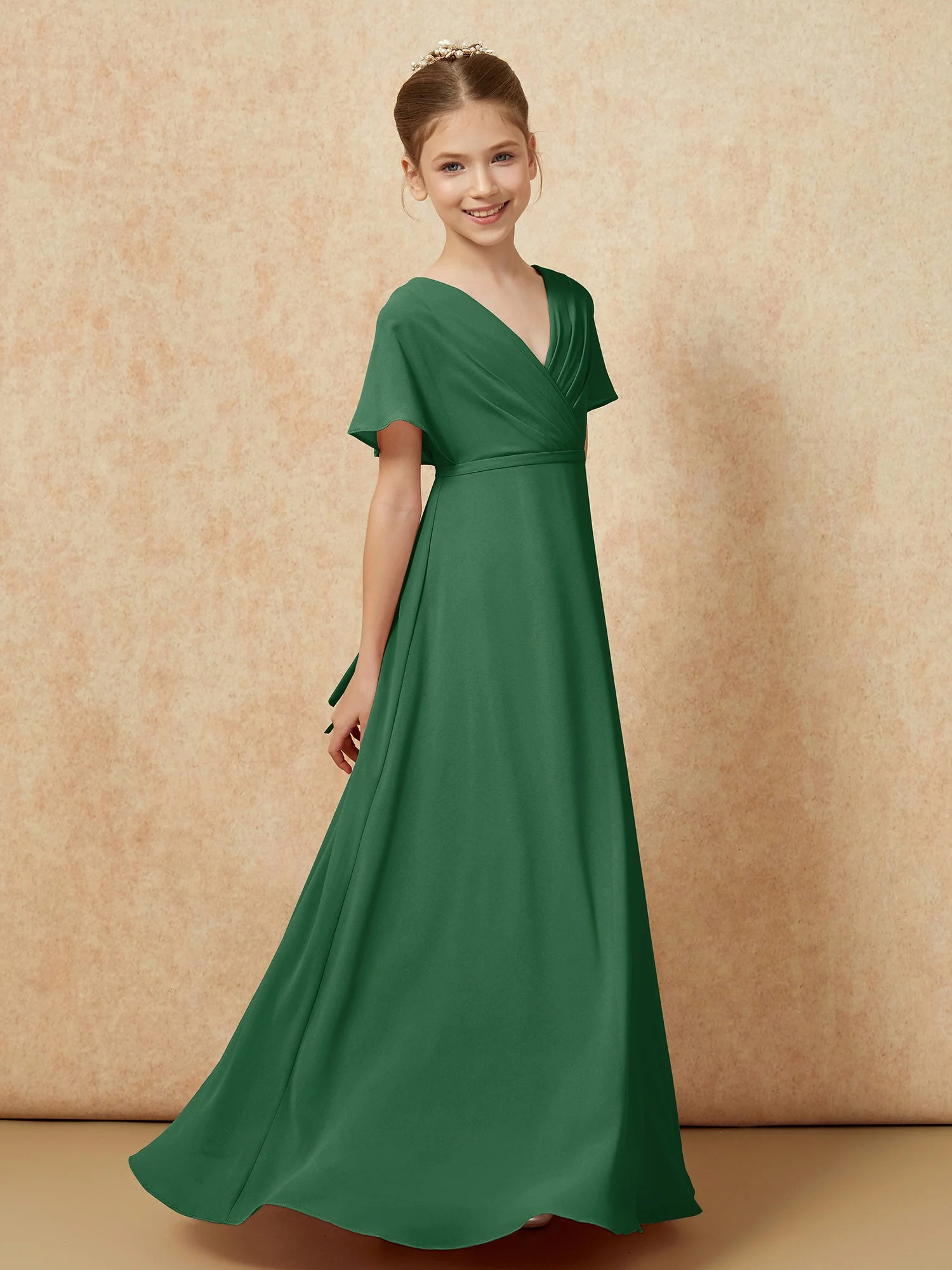 Flatterärmel A-Linie Chiffon Junge Brautjungfernkleider Dunkelgrün - Image 3
