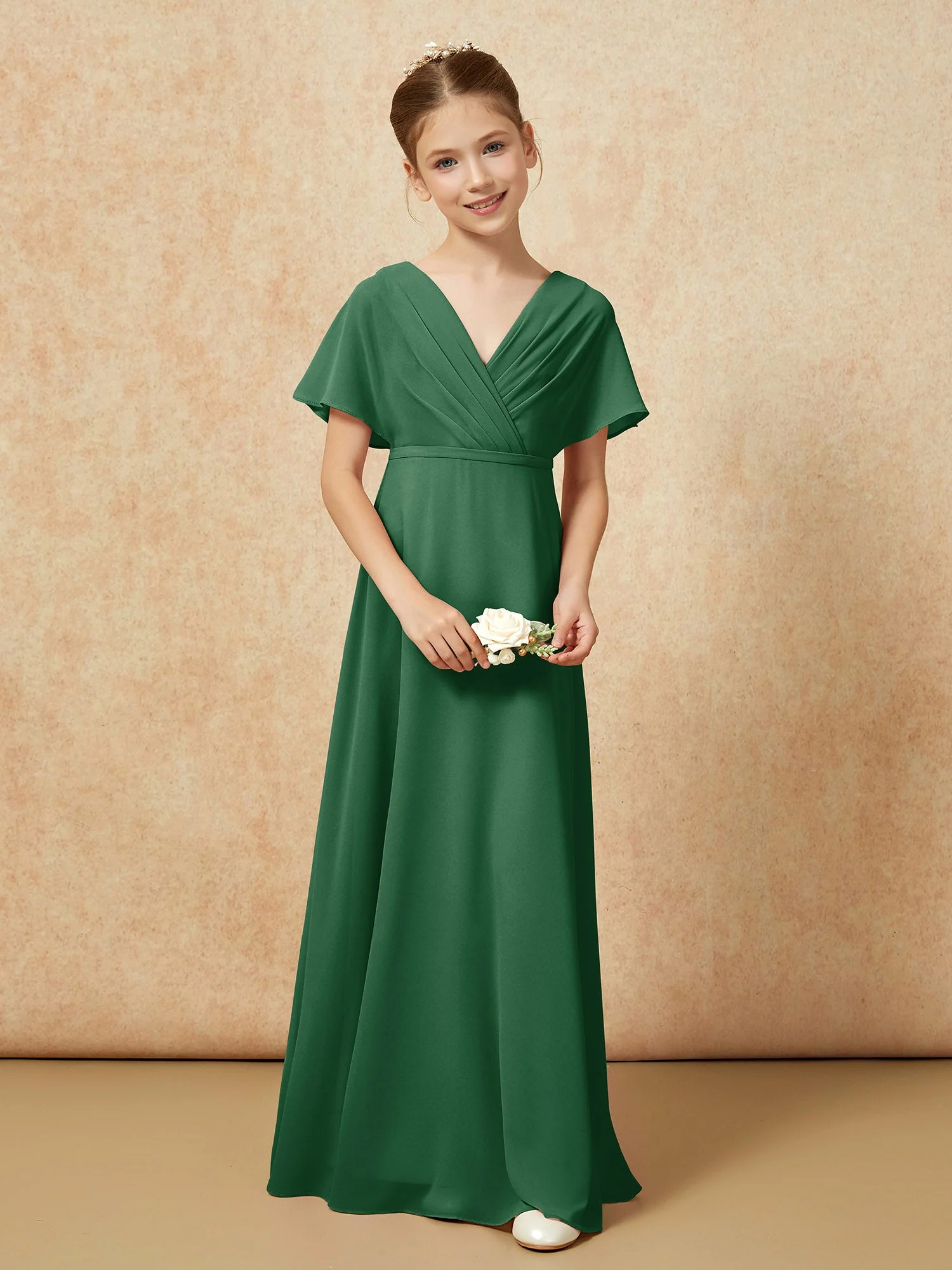 Flatterärmel A-Linie Chiffon Junge Brautjungfernkleider Dunkelgrün - Image 4
