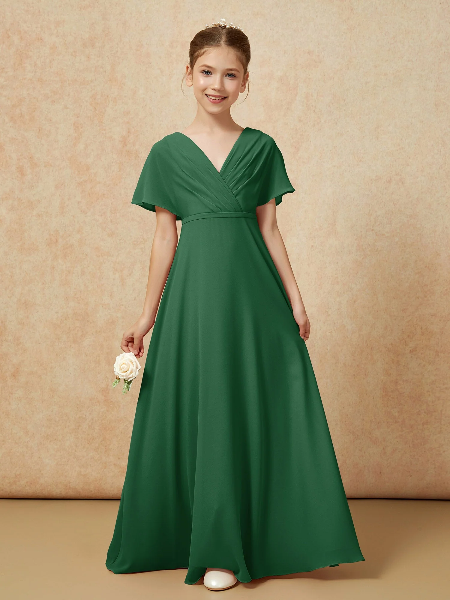 Flatterärmel A-Linie Chiffon Junge Brautjungfernkleider Dunkelgrün - Image 5