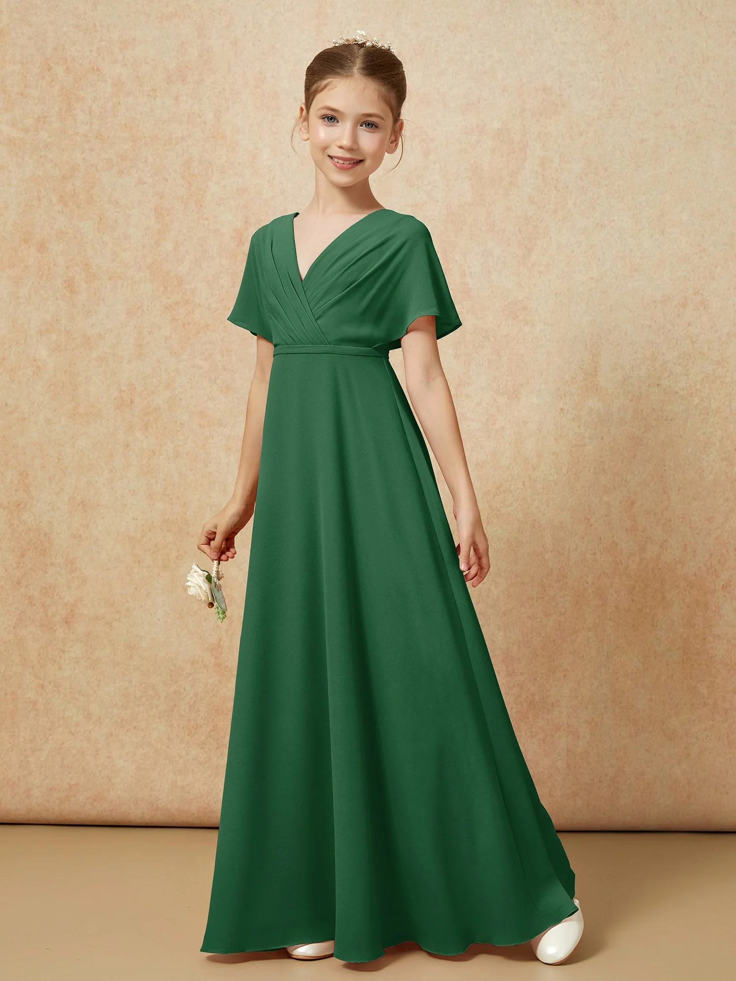 Flatterärmel A-Linie Chiffon Junge Brautjungfernkleider Dunkelgrün - Image 6