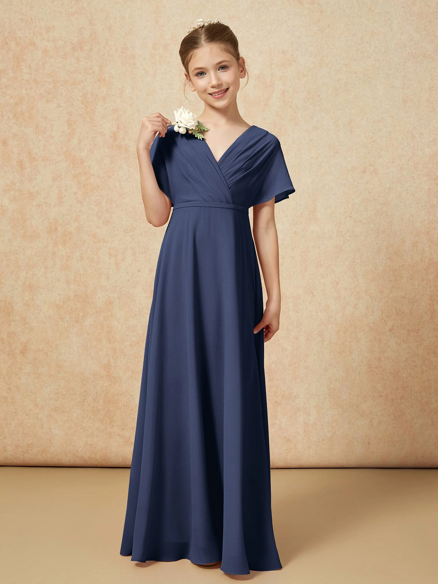 Flatterärmel A-Linie Chiffon Junge Brautjungfernkleider Dunkelmarine