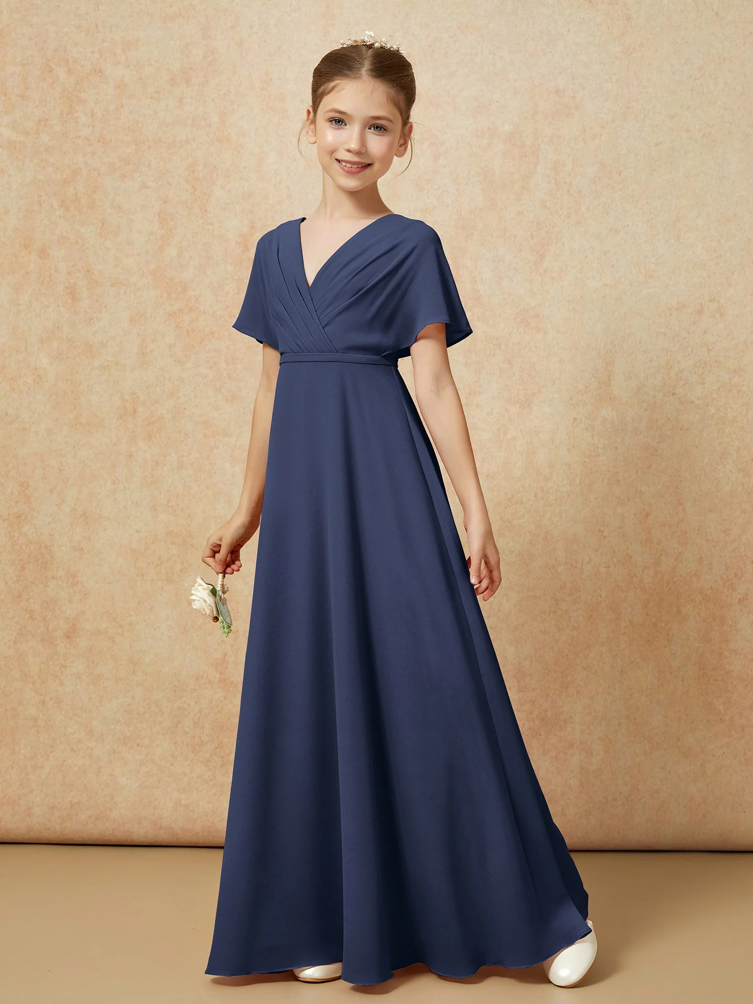 Flatterärmel A-Linie Chiffon Junge Brautjungfernkleider Dunkelmarine - Image 6