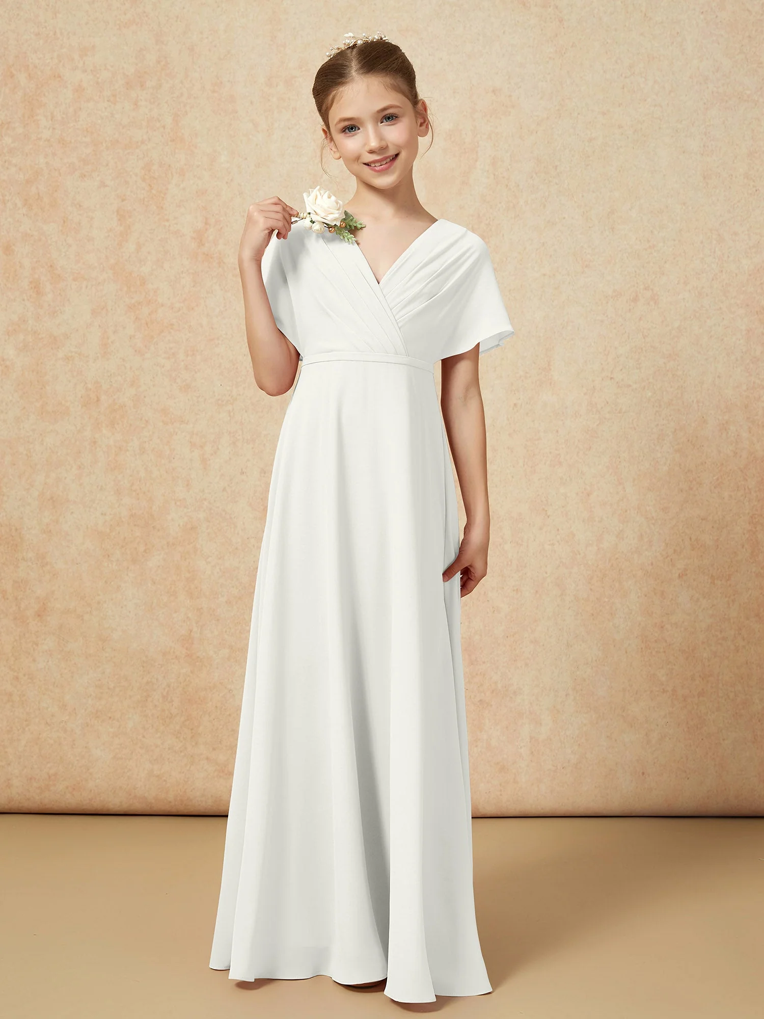 Flatterärmel A-Linie Chiffon Junge Brautjungfernkleider Elfenbein