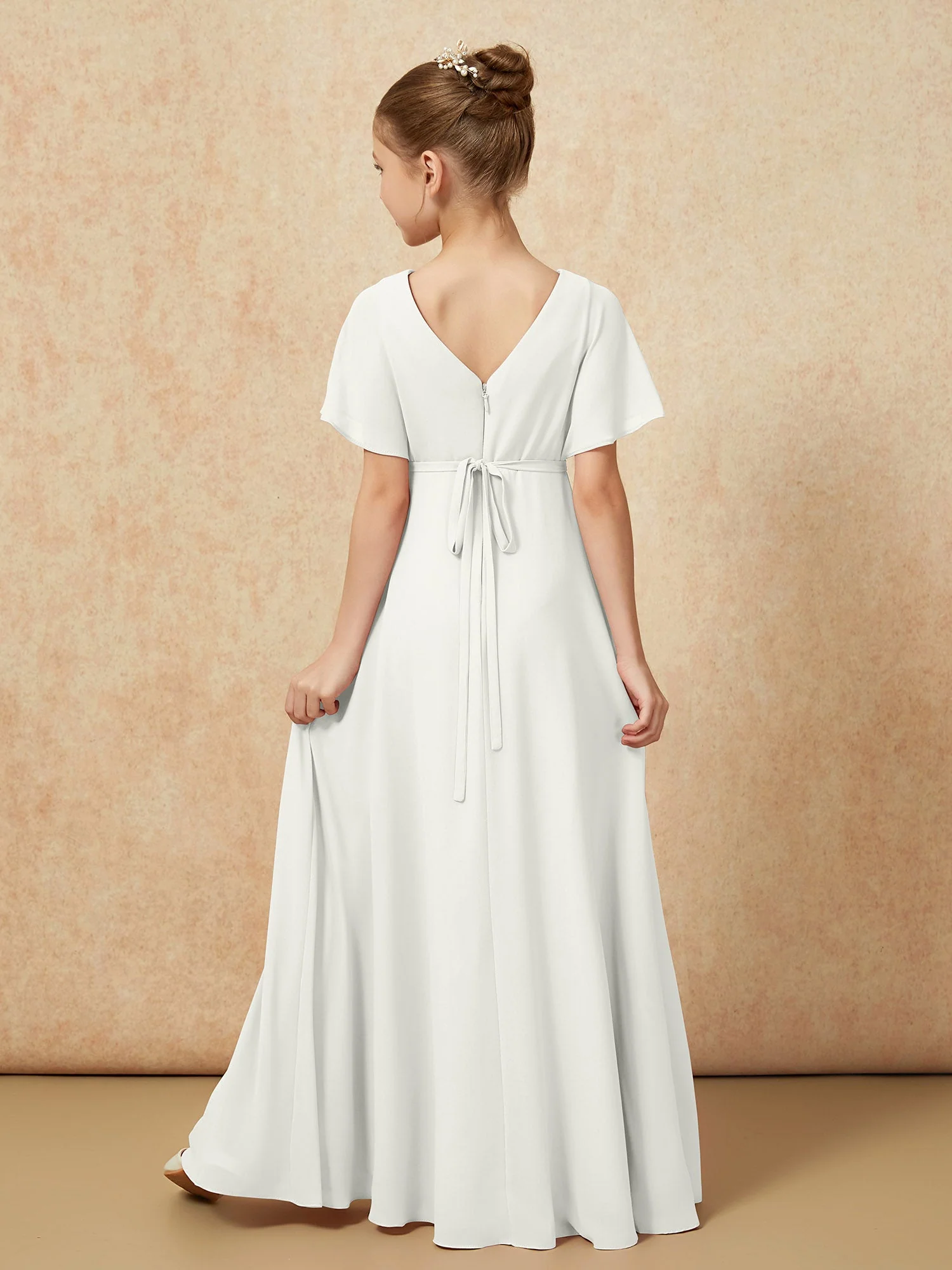Flatterärmel A-Linie Chiffon Junge Brautjungfernkleider Elfenbein - Image 2