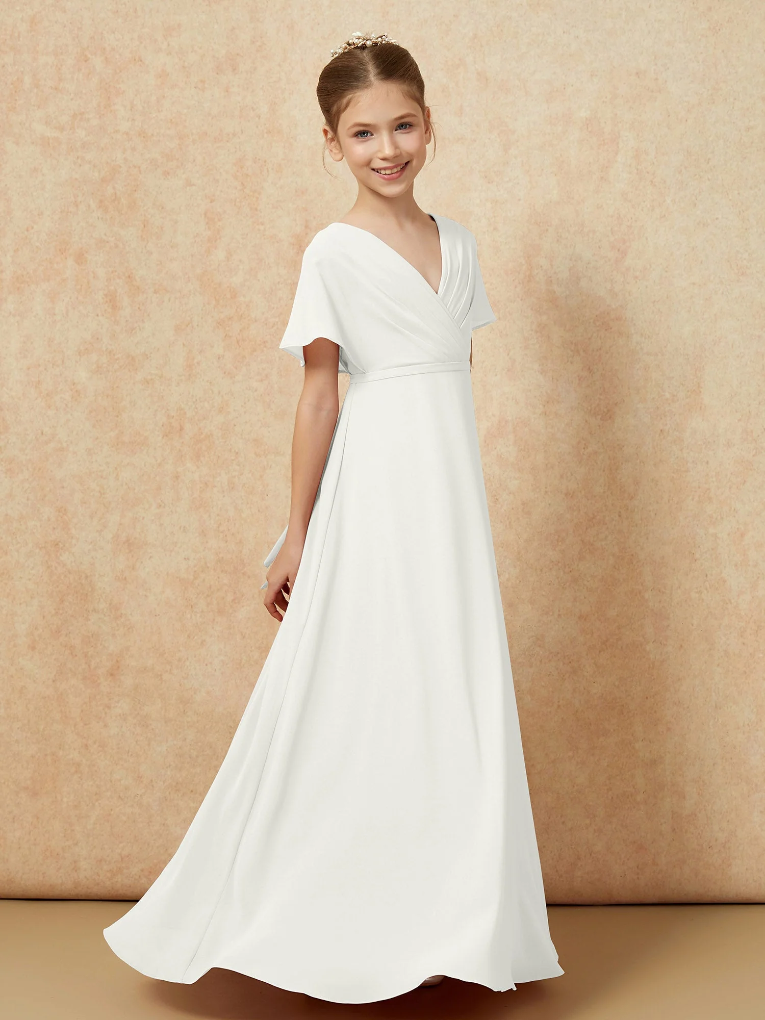 Flatterärmel A-Linie Chiffon Junge Brautjungfernkleider Elfenbein - Image 3