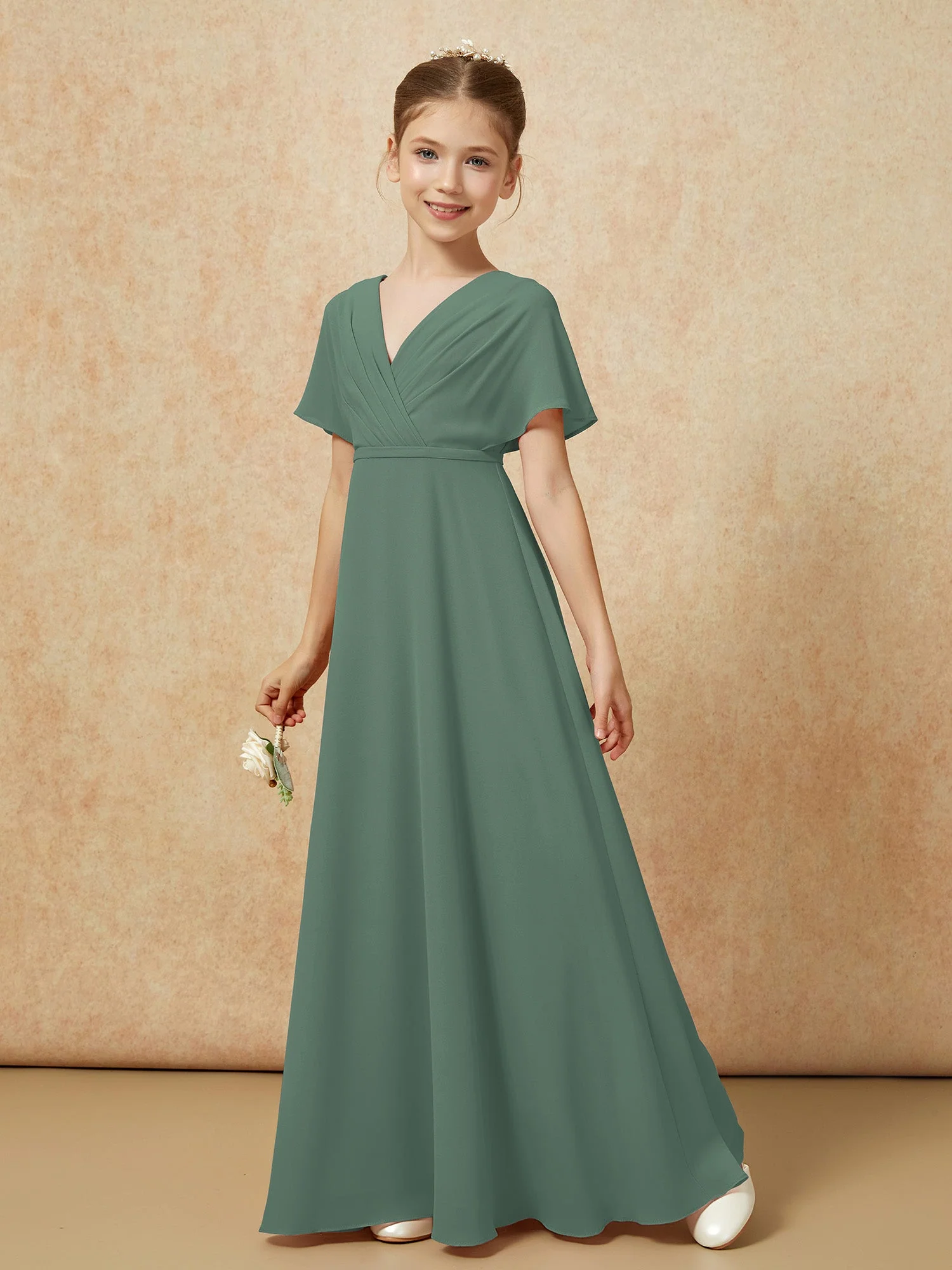 Flatterärmel A-Linie Chiffon Junge Brautjungfernkleider Eukalyptus - Image 6