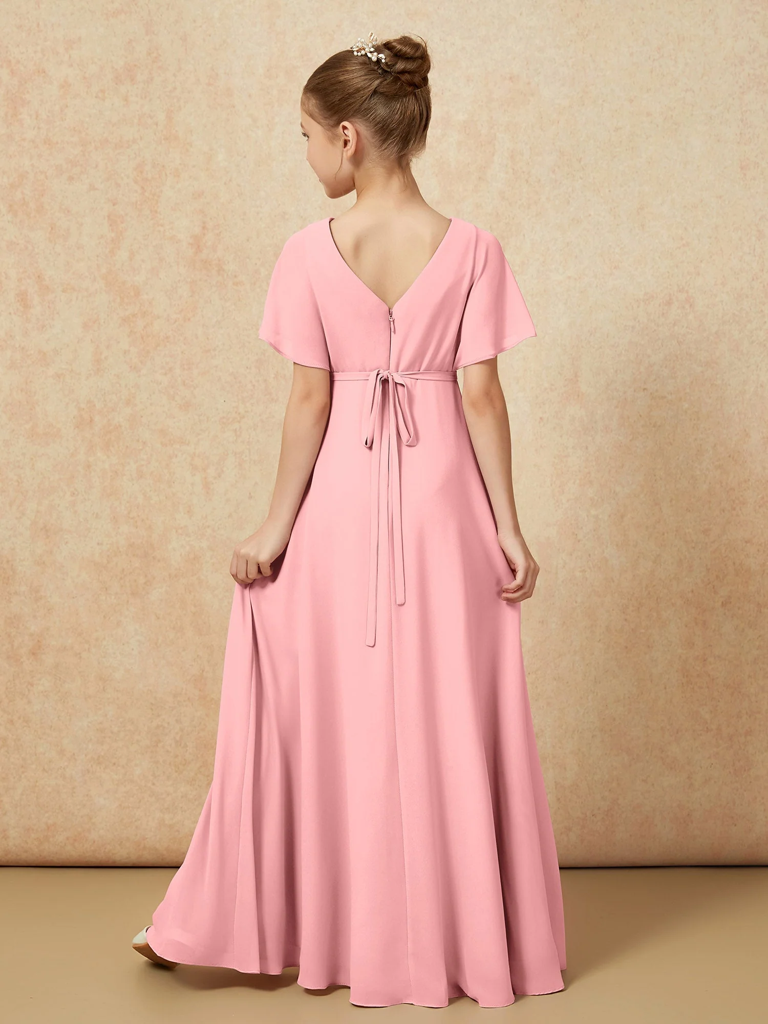 FlatterÀrmel A-Linie Chiffon Junge Brautjungfernkleider Flamingo - Image 2