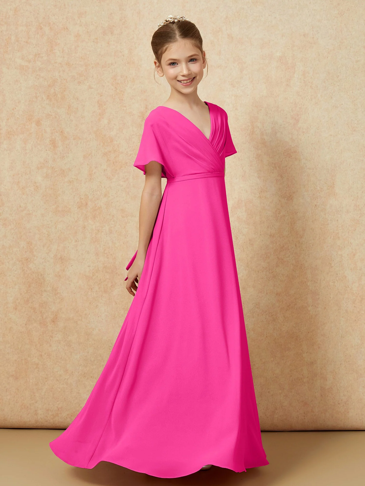 FlatterÀrmel A-Linie Chiffon Junge Brautjungfernkleider Fuchsia - Image 3