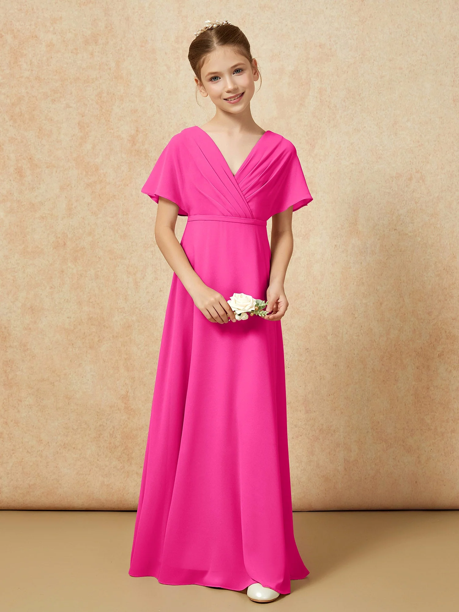 FlatterÀrmel A-Linie Chiffon Junge Brautjungfernkleider Fuchsia - Image 4