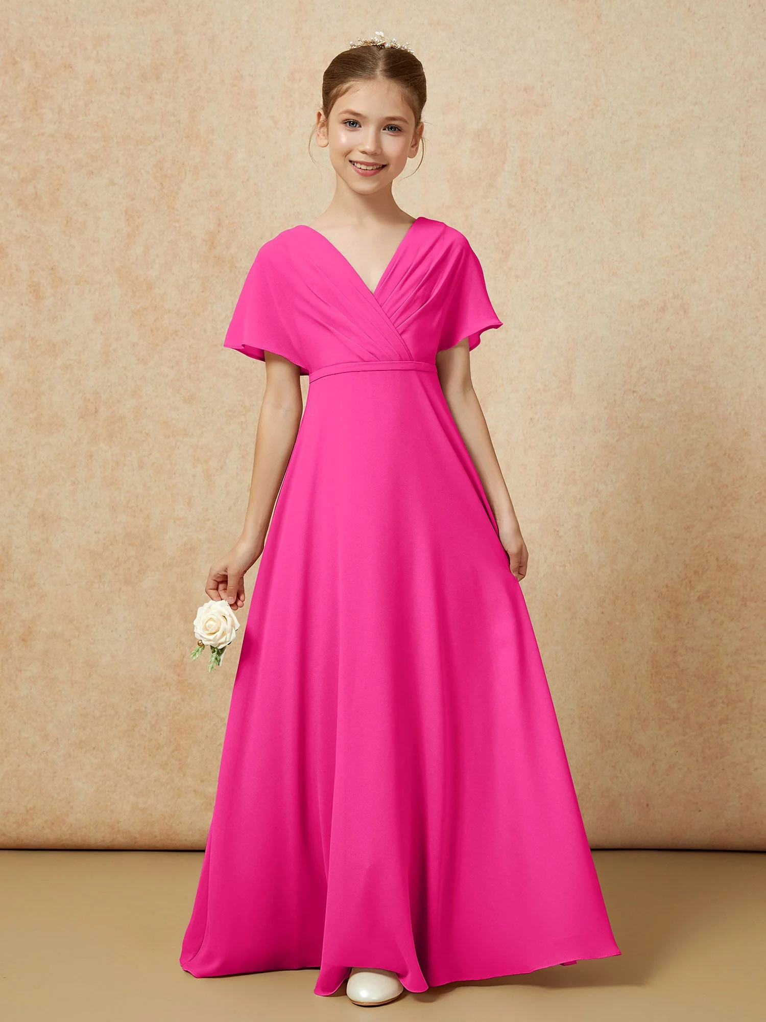 FlatterÀrmel A-Linie Chiffon Junge Brautjungfernkleider Fuchsia - Image 5