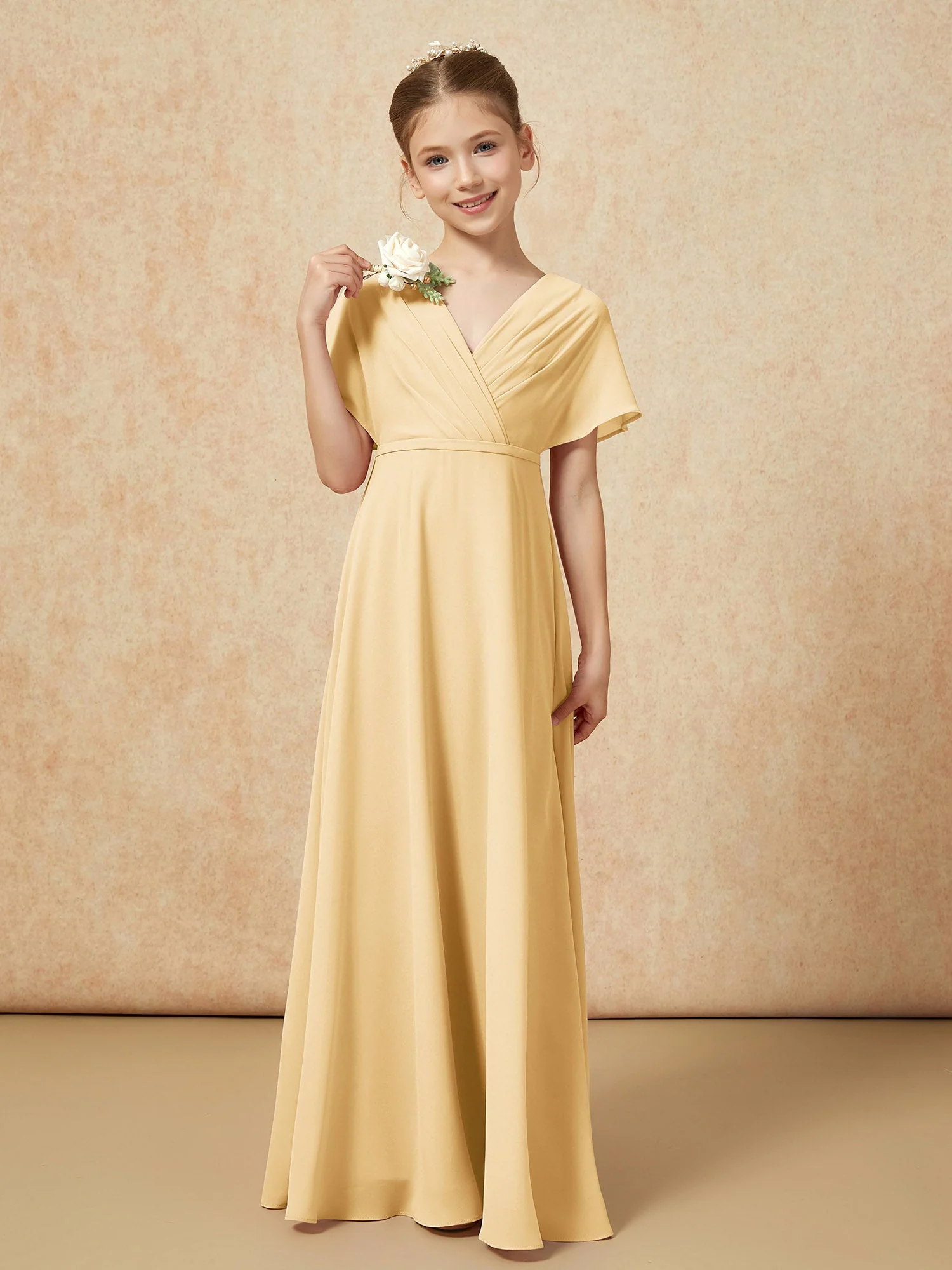 FlatterÀrmel A-Linie Chiffon Junge Brautjungfernkleider Gold