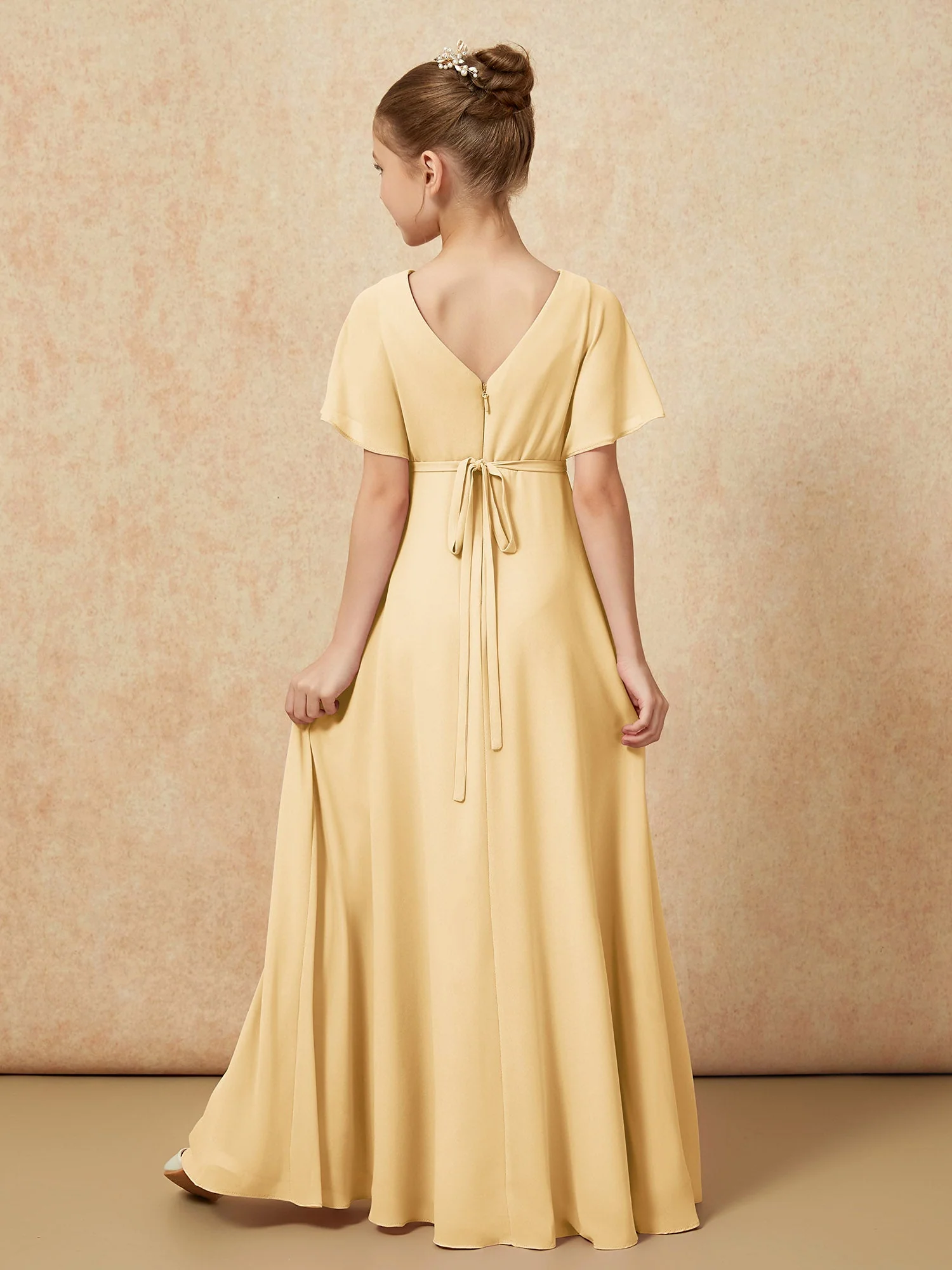 FlatterÀrmel A-Linie Chiffon Junge Brautjungfernkleider Gold - Image 2