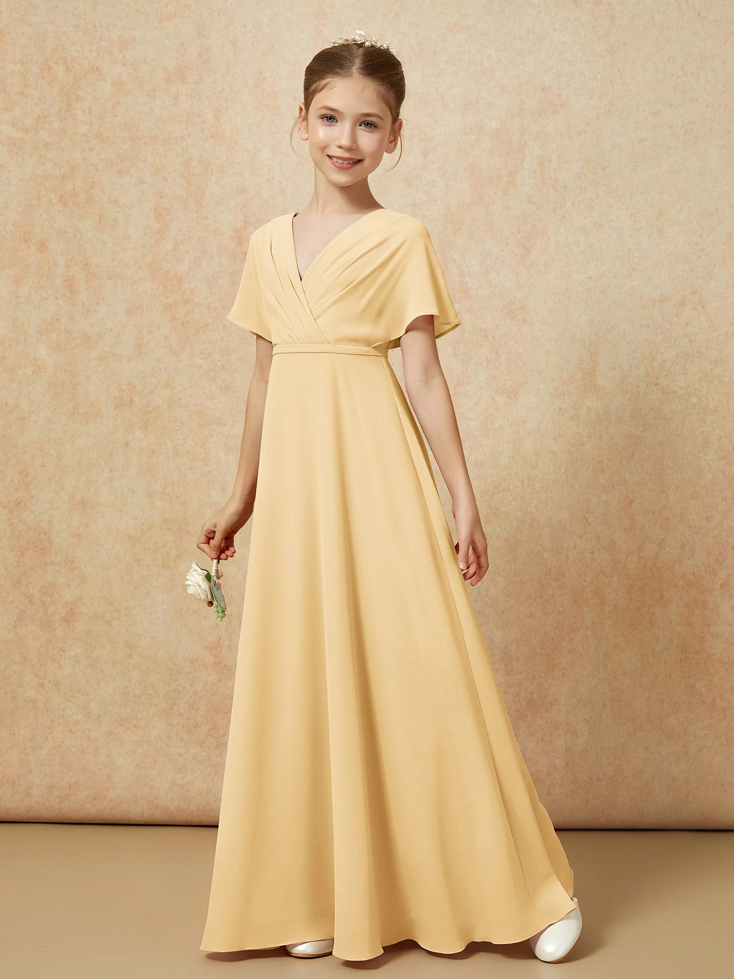 FlatterÀrmel A-Linie Chiffon Junge Brautjungfernkleider Gold - Image 6