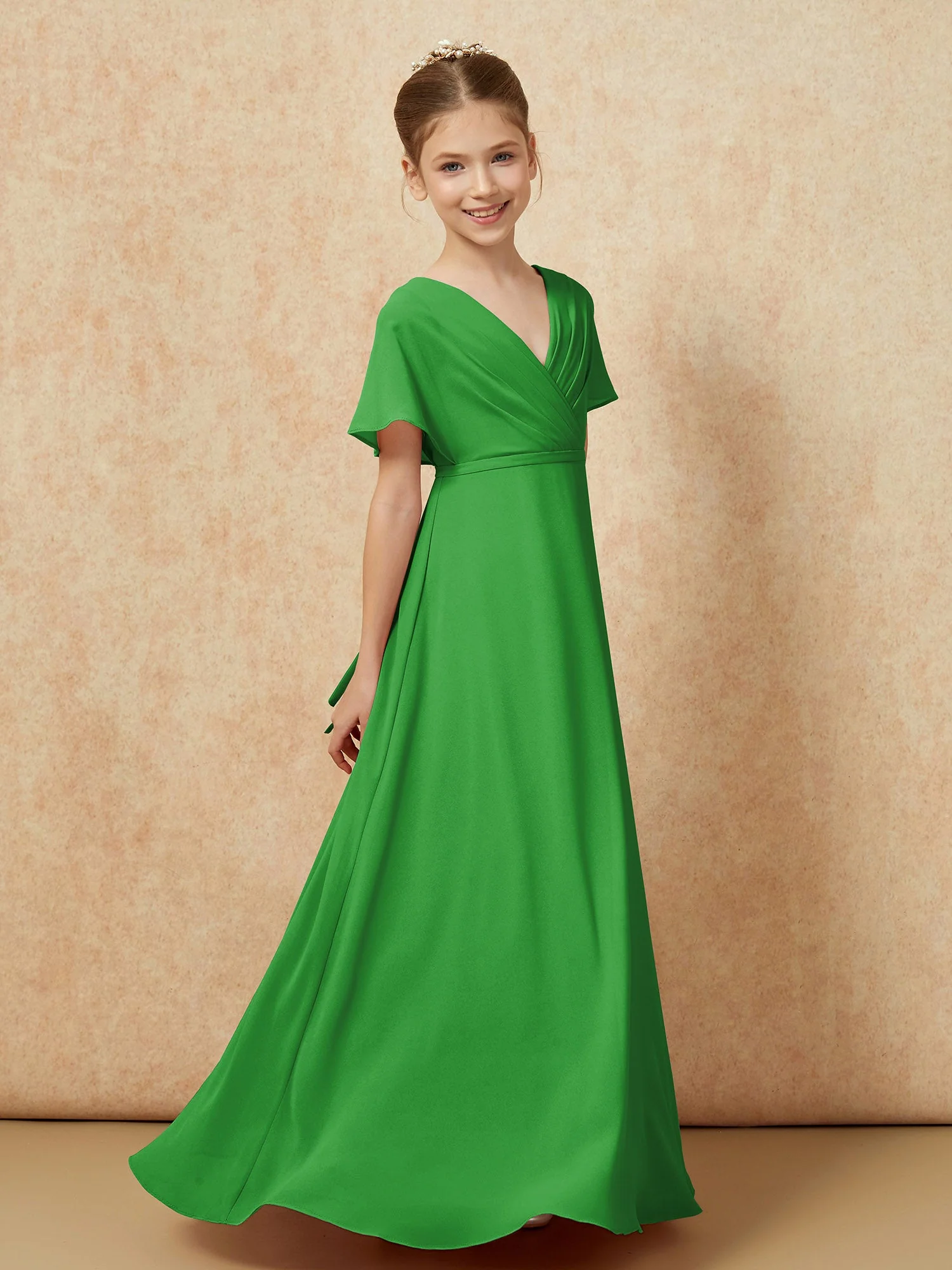 Flatterärmel A-Linie Chiffon Junge Brautjungfernkleider Grün - Image 3