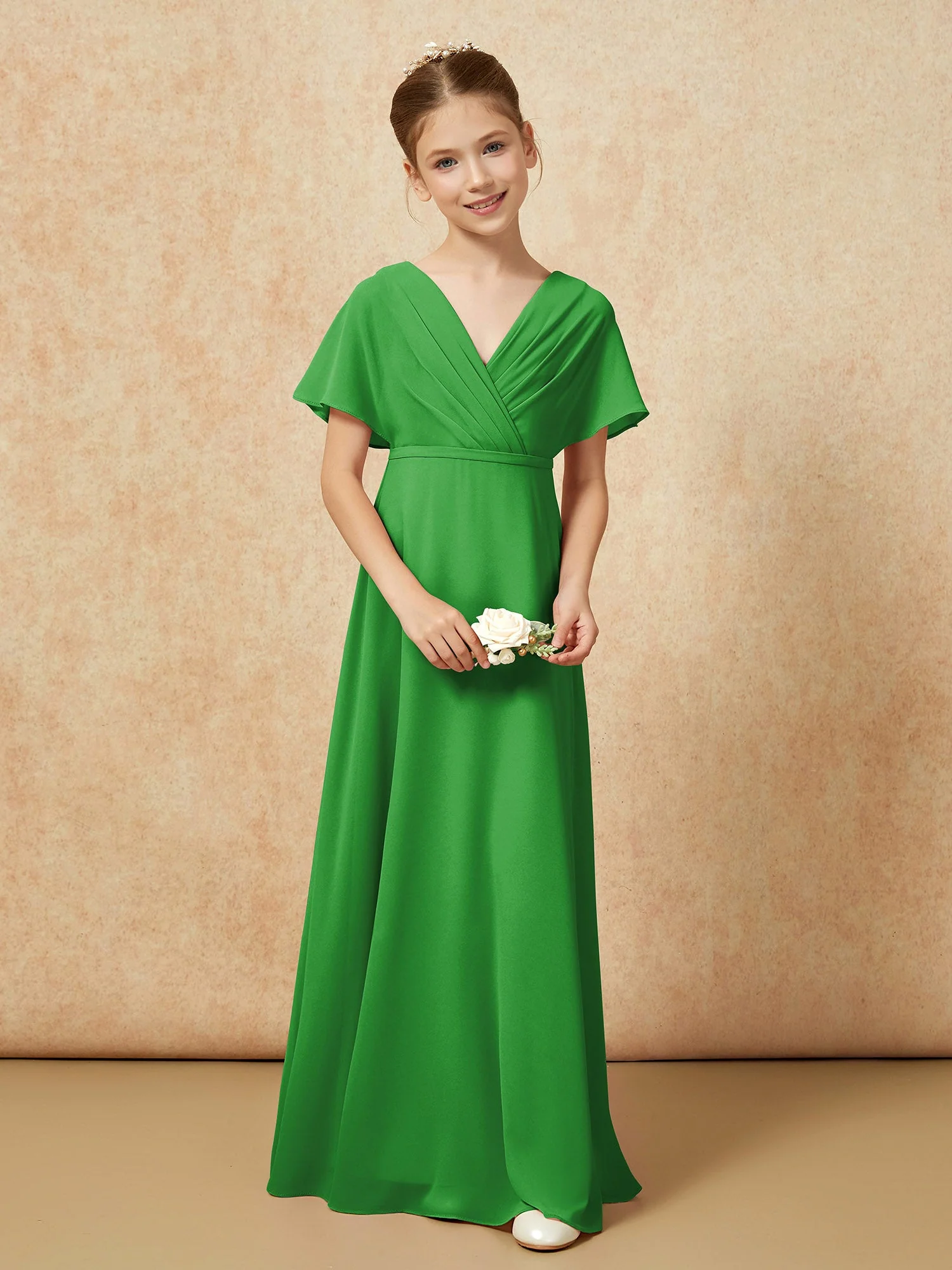 Flatterärmel A-Linie Chiffon Junge Brautjungfernkleider Grün - Image 4