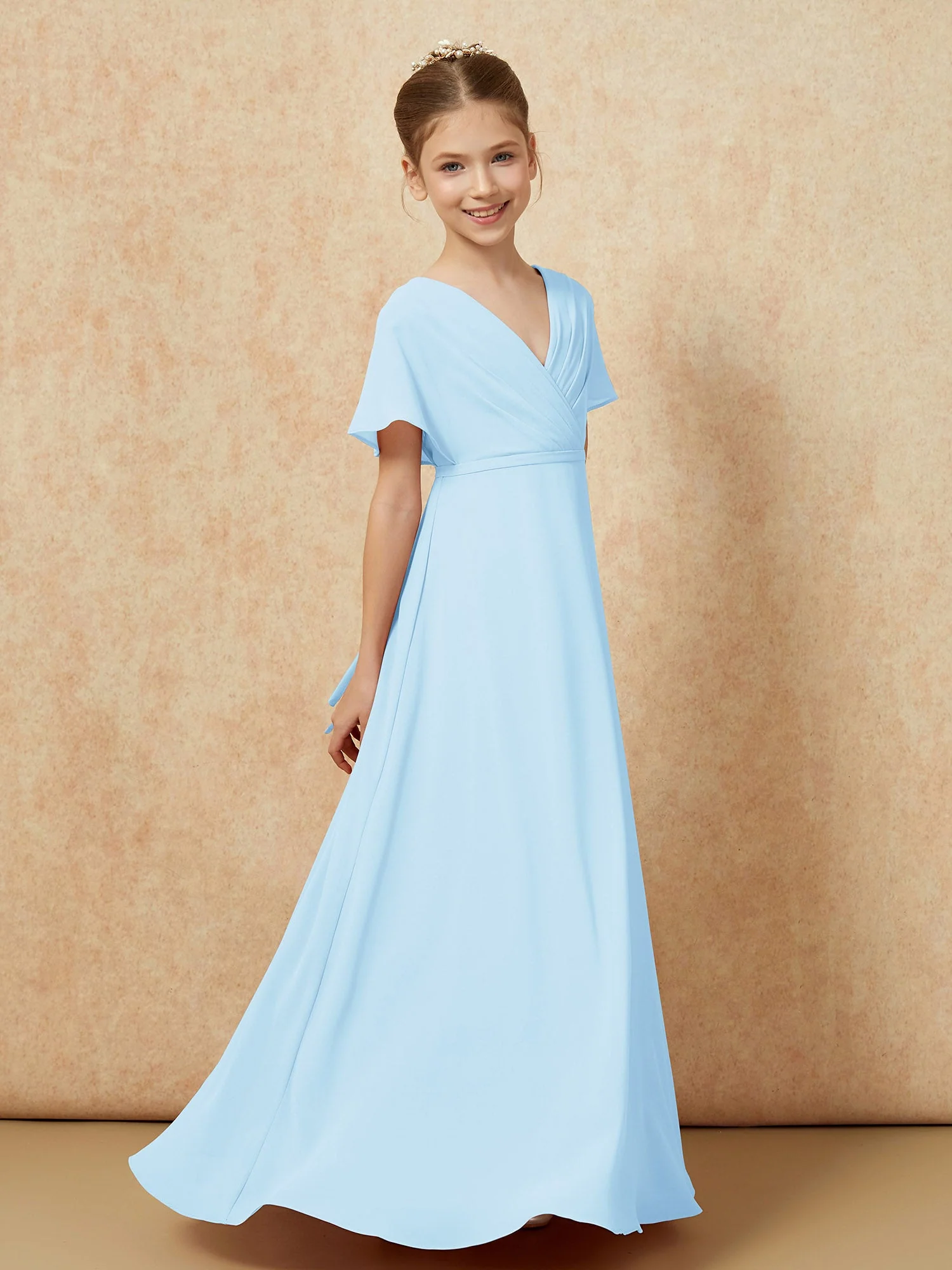 Flatterärmel A-Linie Chiffon Junge Brautjungfernkleider Himmelblau - Image 3