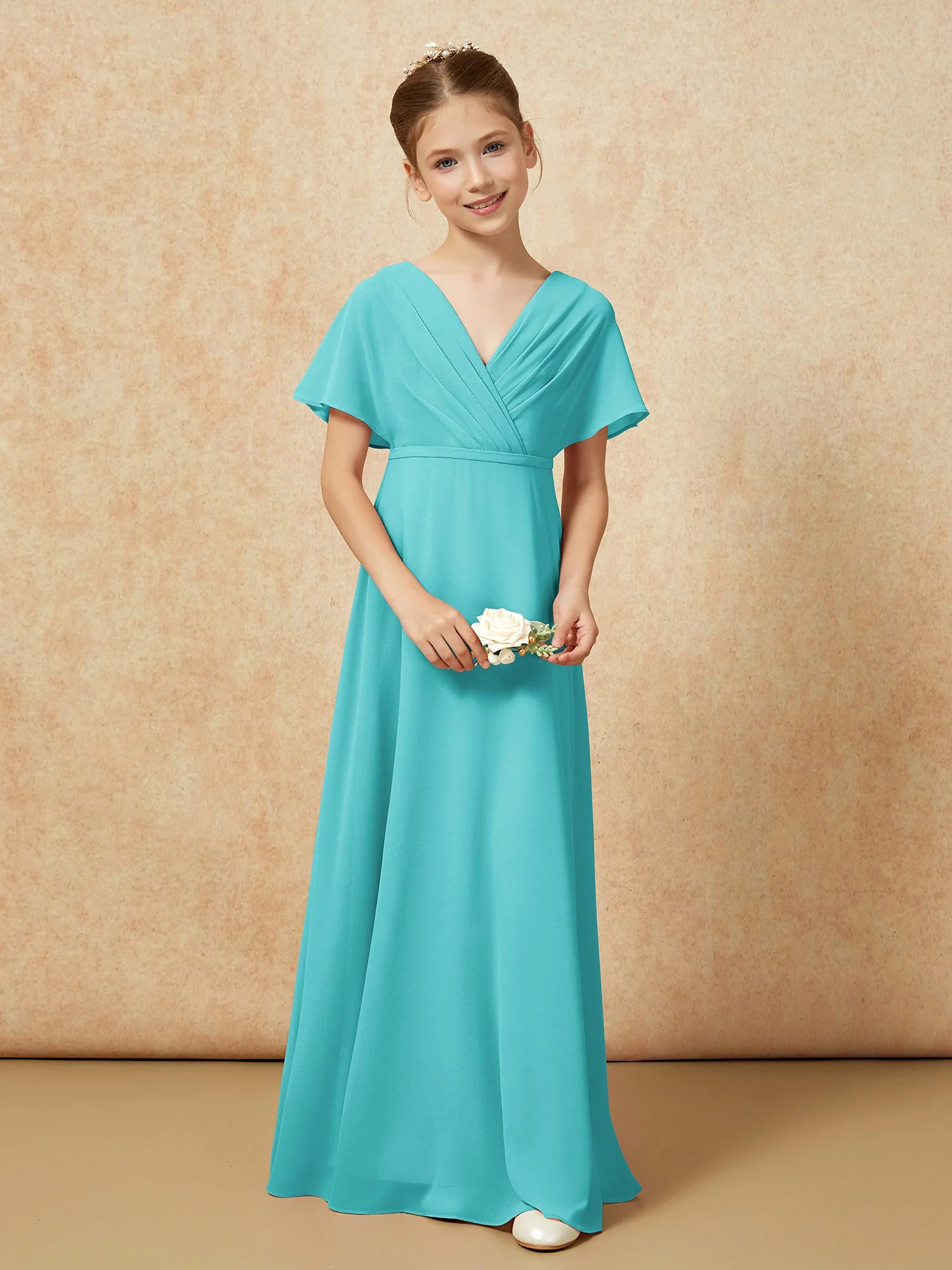Flatterärmel A-Linie Chiffon Junge Brautjungfernkleider Jade - Image 4