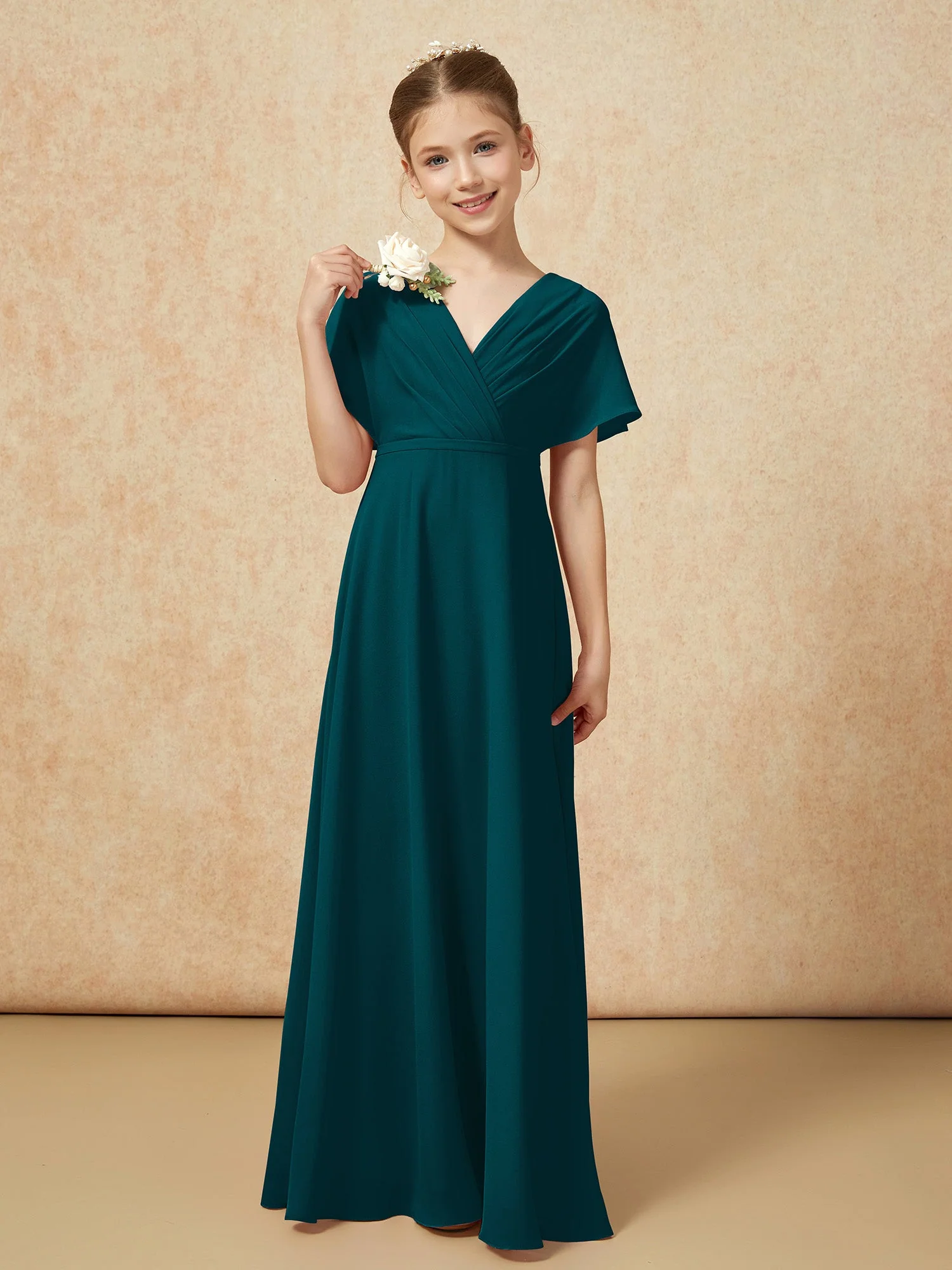 Flatterärmel A-Linie Chiffon Junge Brautjungfernkleider Kieferngrün