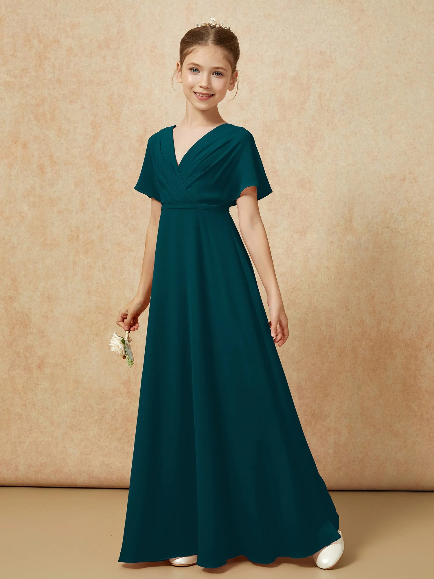 Flatterärmel A-Linie Chiffon Junge Brautjungfernkleider Kieferngrün - Image 6