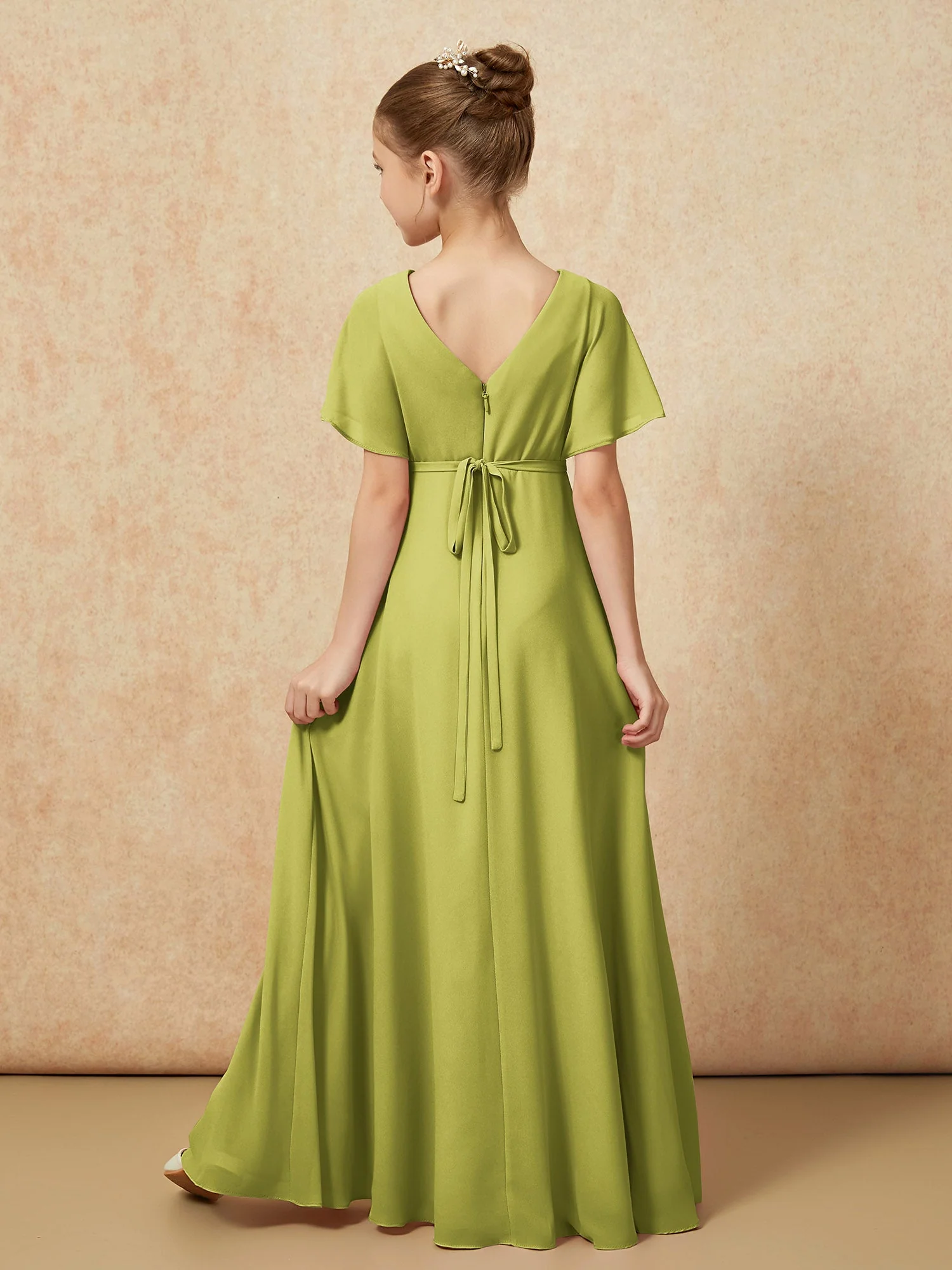 Flatterärmel A-Linie Chiffon Junge Brautjungfernkleider Kleegrün - Image 2