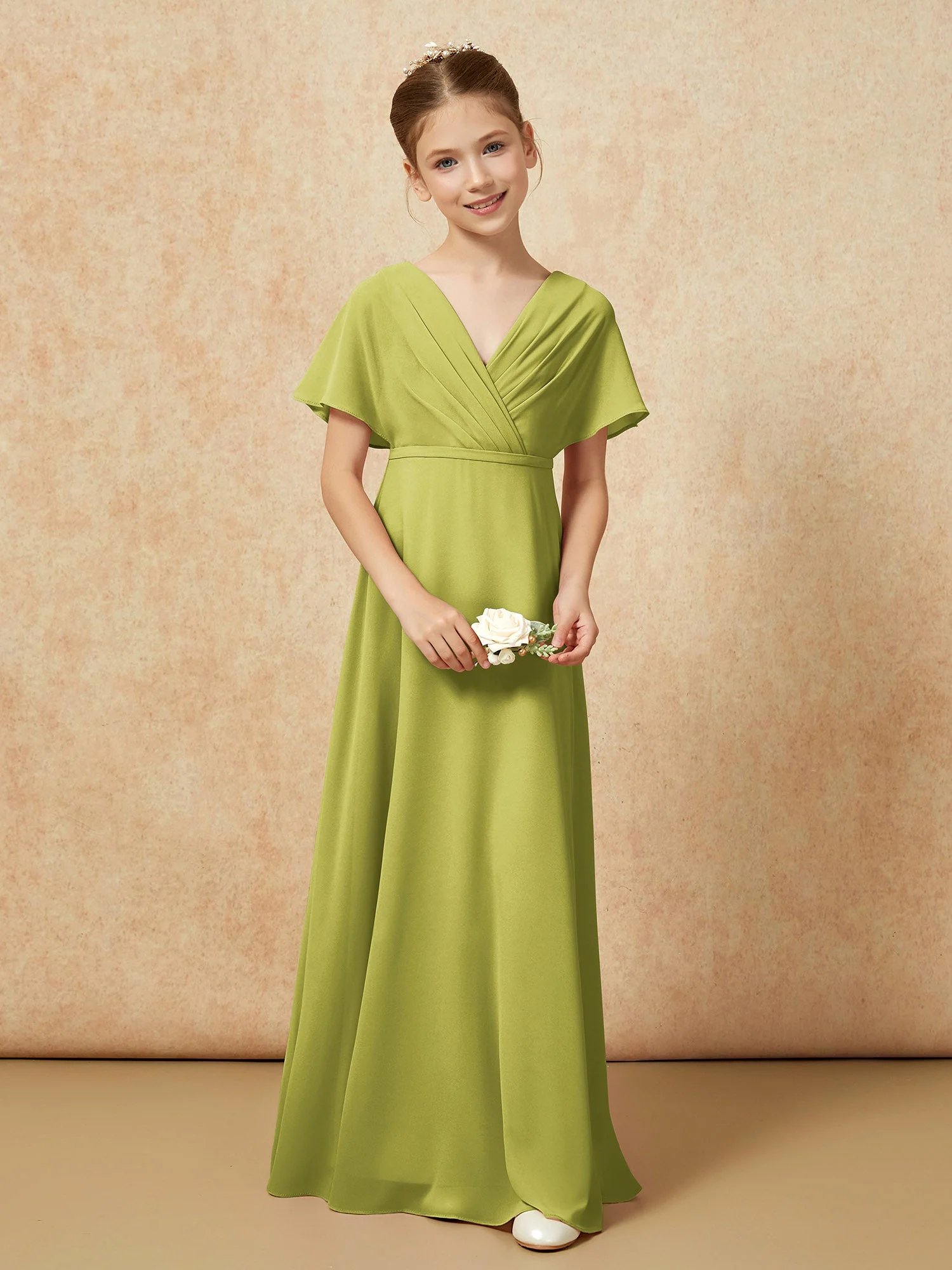 Flatterärmel A-Linie Chiffon Junge Brautjungfernkleider Kleegrün - Image 4
