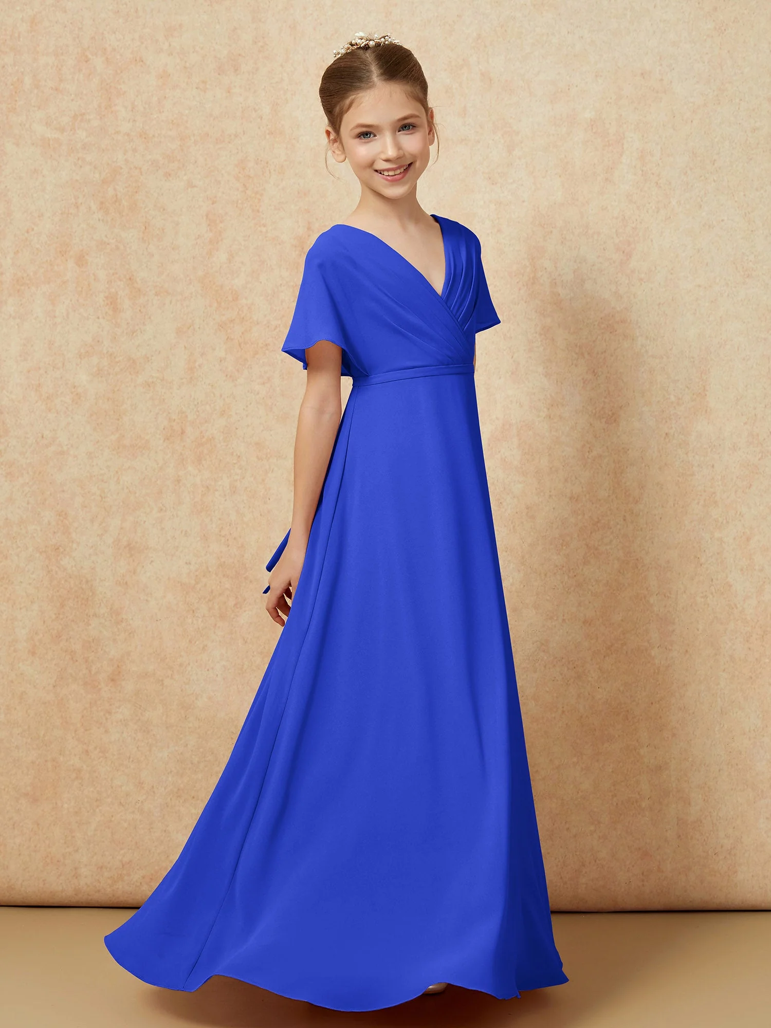 Flatterärmel A-Linie Chiffon Junge Brautjungfernkleider Königsblau - Image 3