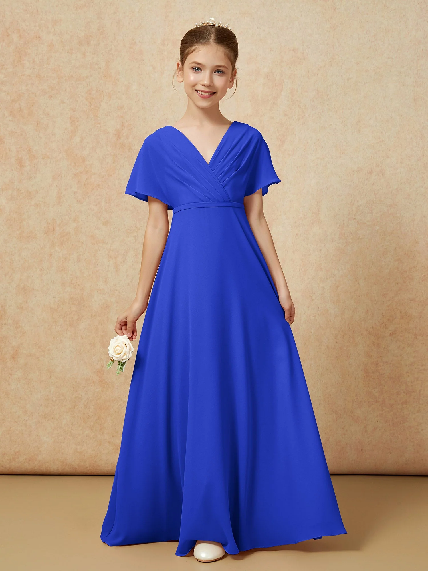 Flatterärmel A-Linie Chiffon Junge Brautjungfernkleider Königsblau - Image 5