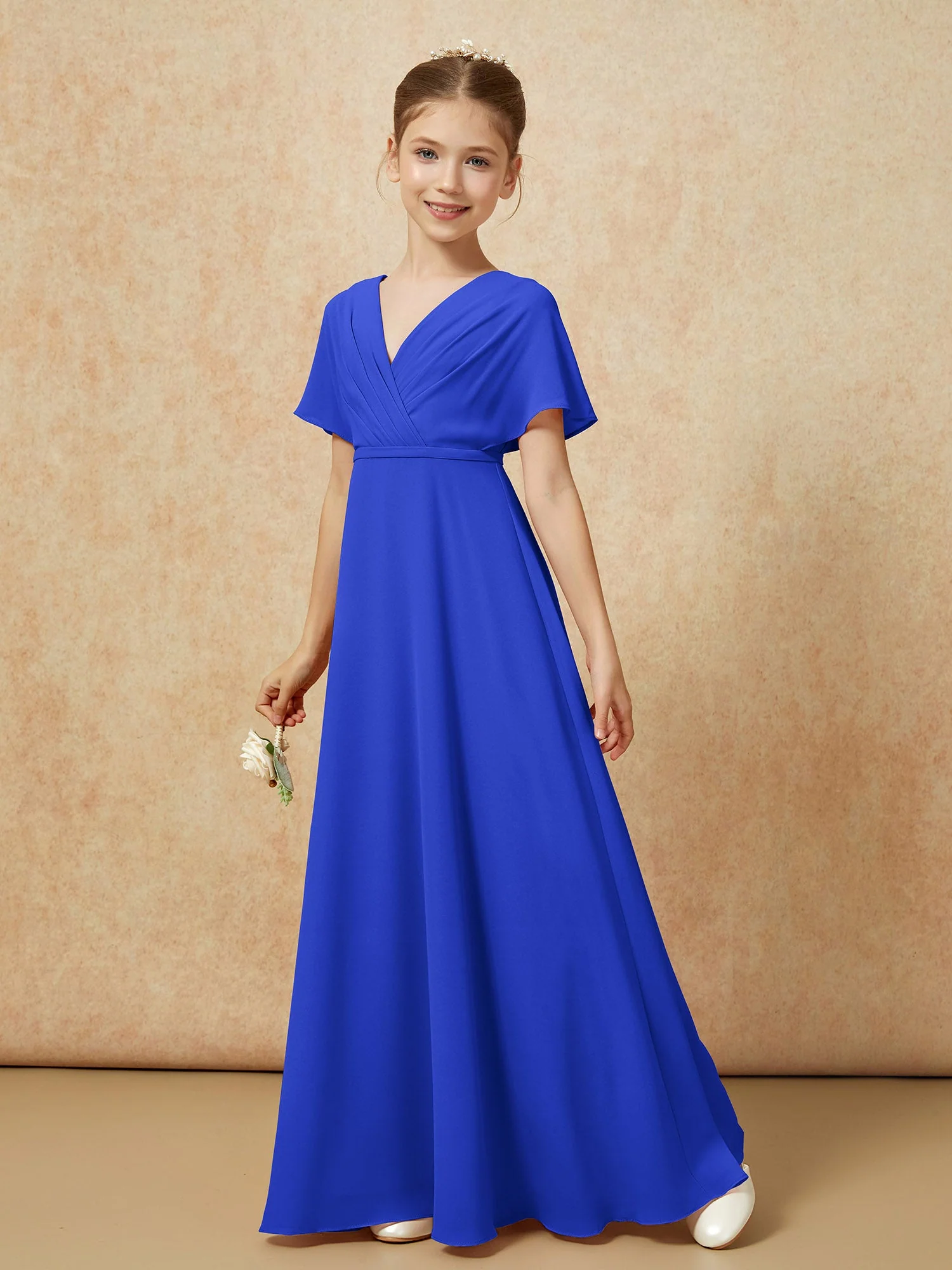Flatterärmel A-Linie Chiffon Junge Brautjungfernkleider Königsblau - Image 6