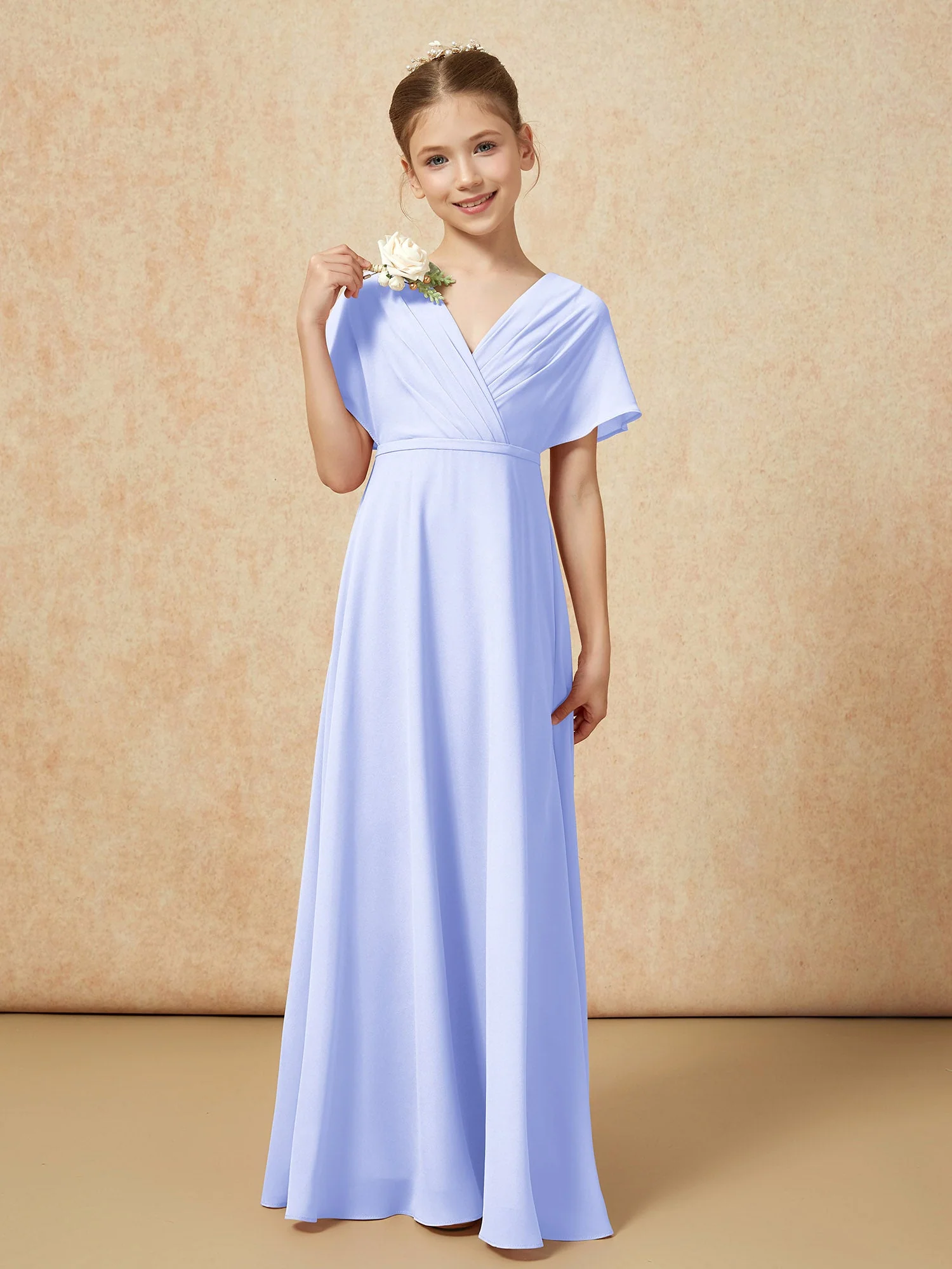 Flatterärmel A-Linie Chiffon Junge Brautjungfernkleider Lavendel