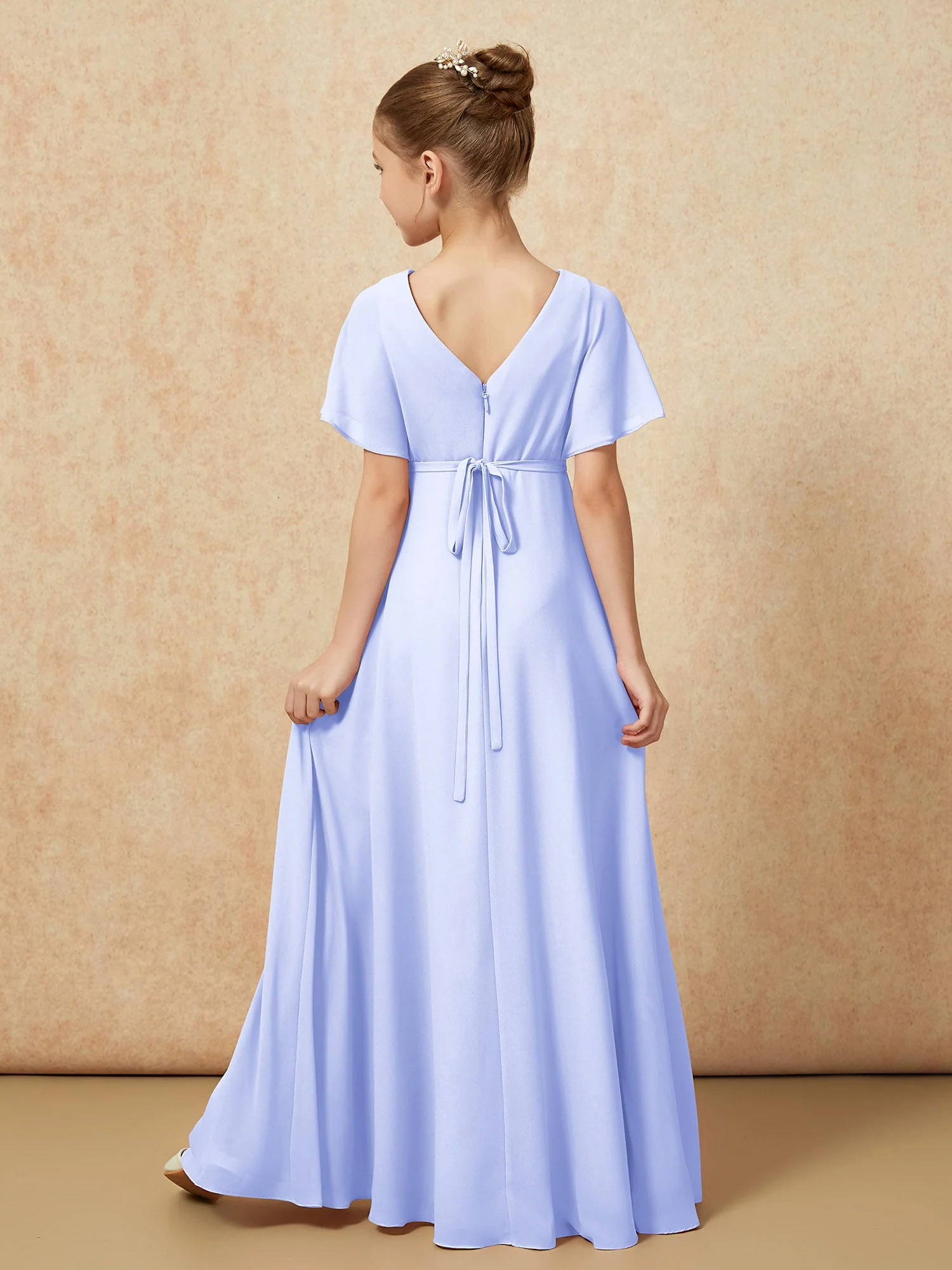 Flatterärmel A-Linie Chiffon Junge Brautjungfernkleider Lavendel - Image 2