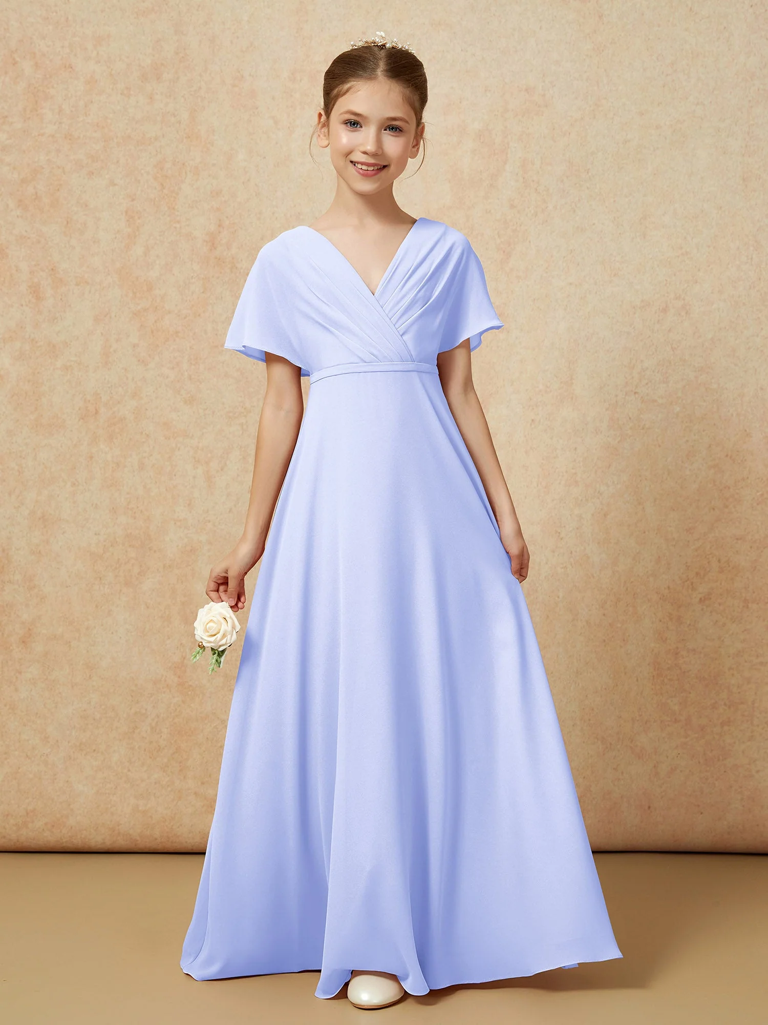 Flatterärmel A-Linie Chiffon Junge Brautjungfernkleider Lavendel - Image 5